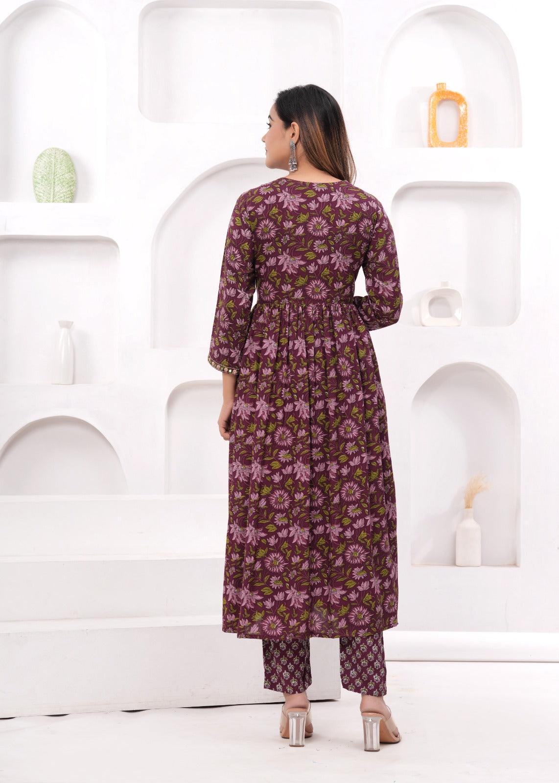 Wine Embroidered Floral Printed Rayon Suit Set with Chiffon Dupatta