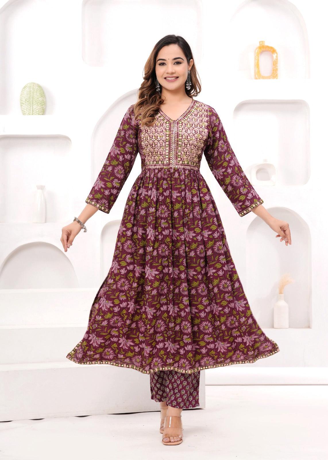 Wine Embroidered Floral Printed Rayon Suit Set with Chiffon Dupatta