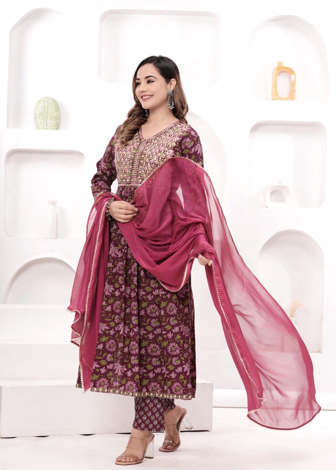 Wine Embroidered Floral Printed Rayon Suit Set with Chiffon Dupatta
