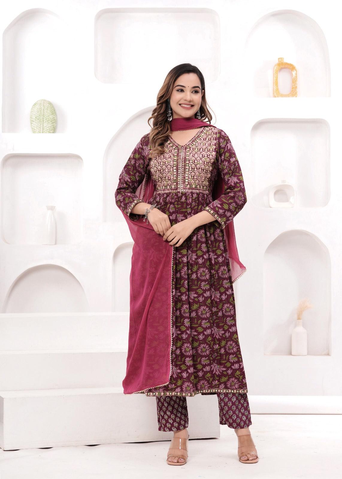 Wine Embroidered Floral Printed Rayon Suit Set with Chiffon Dupatta