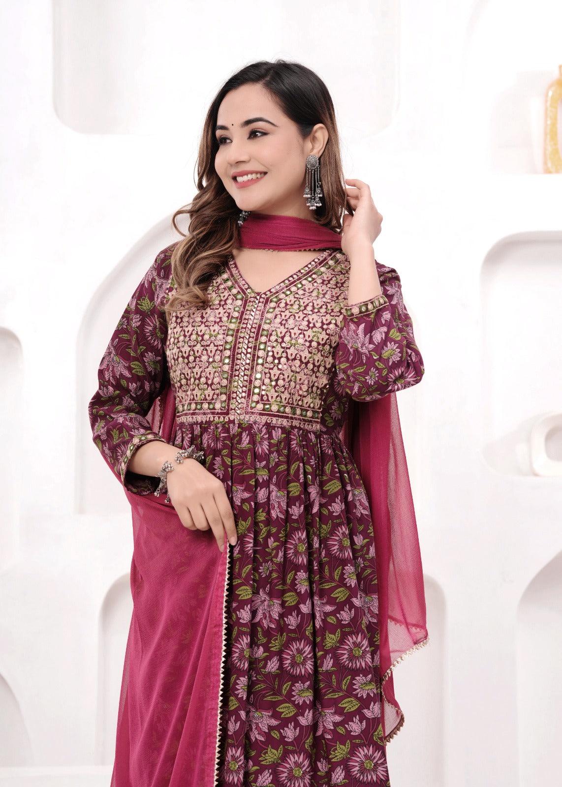 Wine Embroidered Floral Printed Rayon Suit Set with Chiffon Dupatta