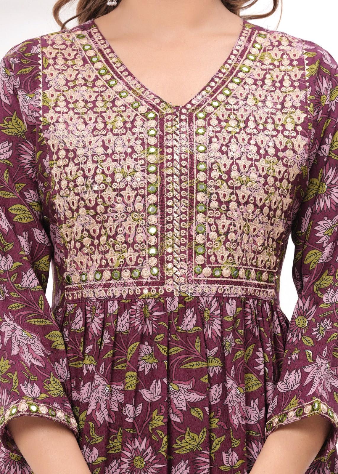 Wine Embroidered Floral Printed Rayon Suit Set with Chiffon Dupatta