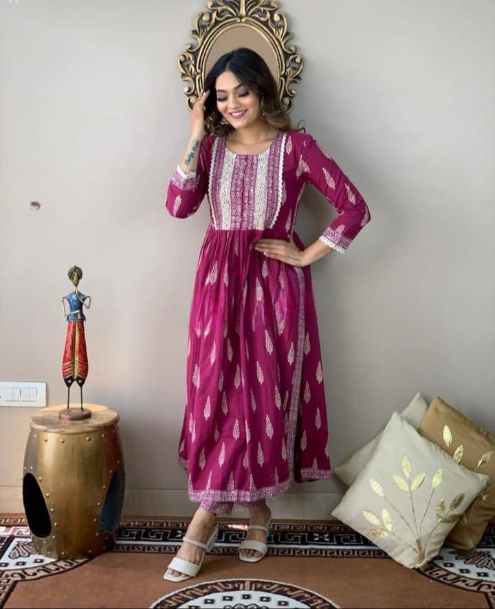 Wine Ethnic Motifs Printed Nayra Cut Kurta And Pant Set