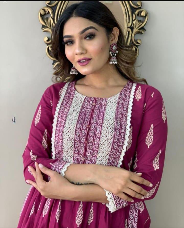 Wine Ethnic Motifs Printed Nayra Cut Kurta And Pant Set