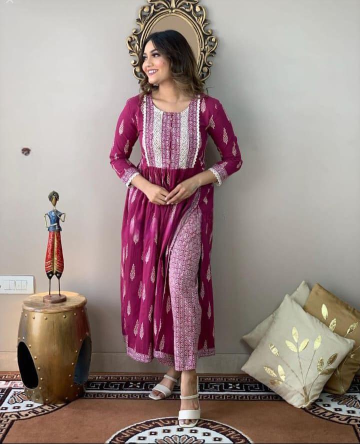 Wine Ethnic Motifs Printed Nayra Cut Kurta And Pant Set