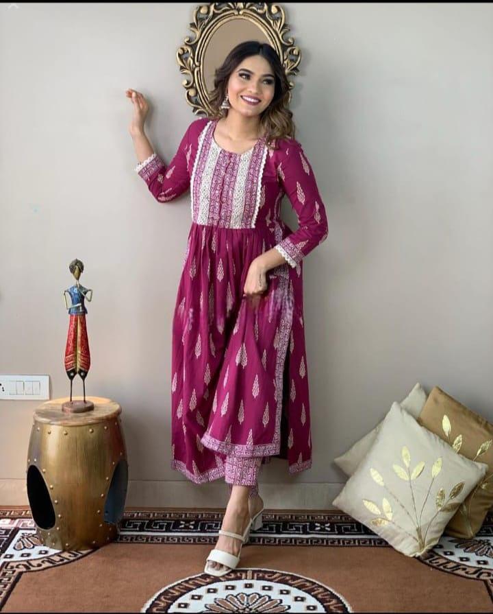 Wine Ethnic Motifs Printed Nayra Cut Kurta And Pant Set