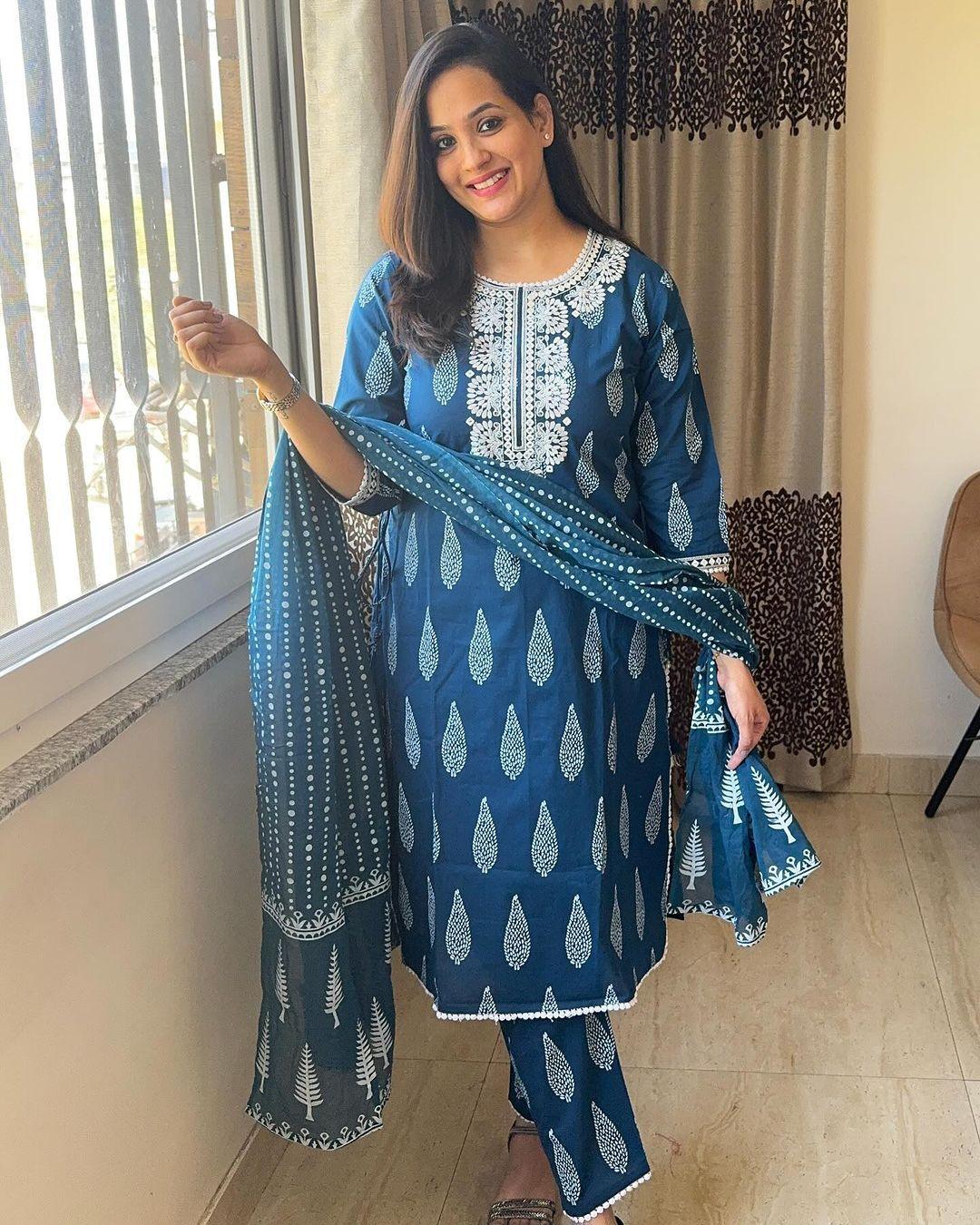 Dusk Blue Embroidered Cotton Suit Set with Printed Mulmul Dupatta