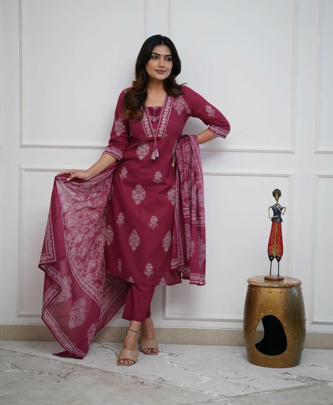 Maroon Cotton Kurta And Pant Set With Mulmul Dupatta