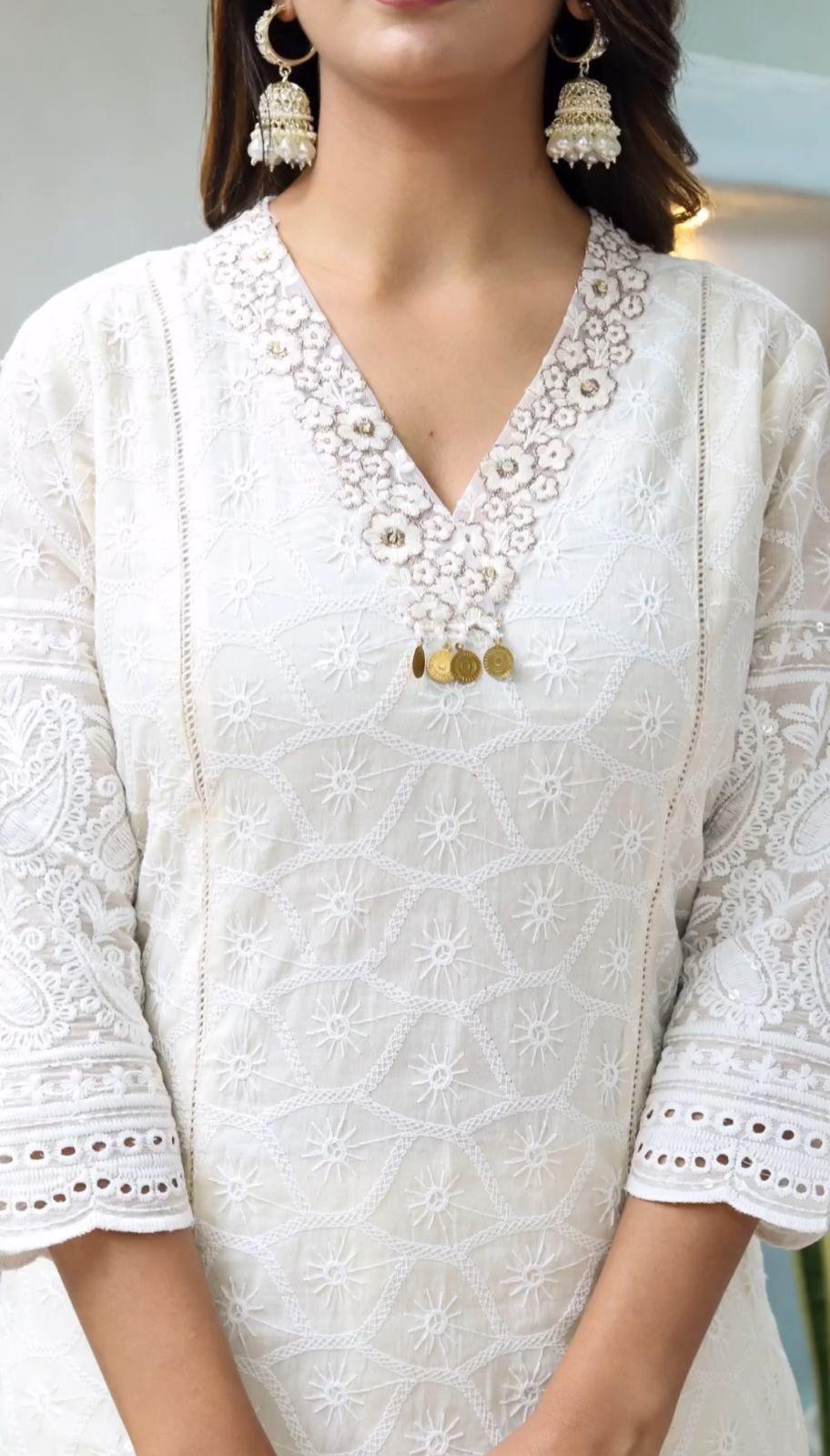 Off White Chikankari Kurta and Pant Set with Chanderi Dupatta