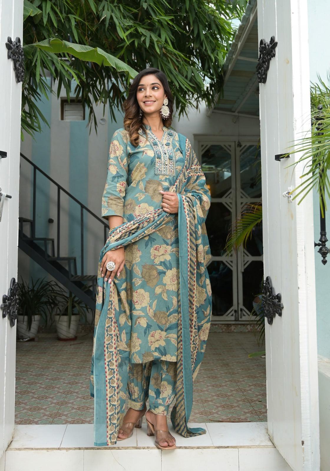 Spanish Green Printed Cotton Kurta and Pant Set with Mulmul Dupatta