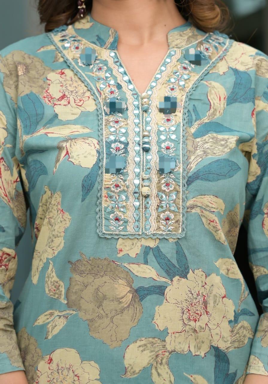 Spanish Green Printed Cotton Kurta and Pant Set with Mulmul Dupatta