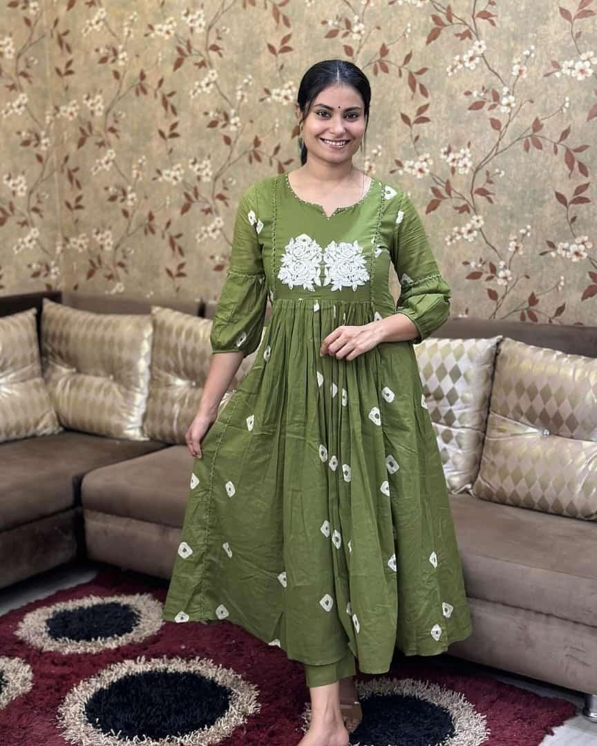 Green Embroidered Cotton Anarkali Kurta and Pant Set