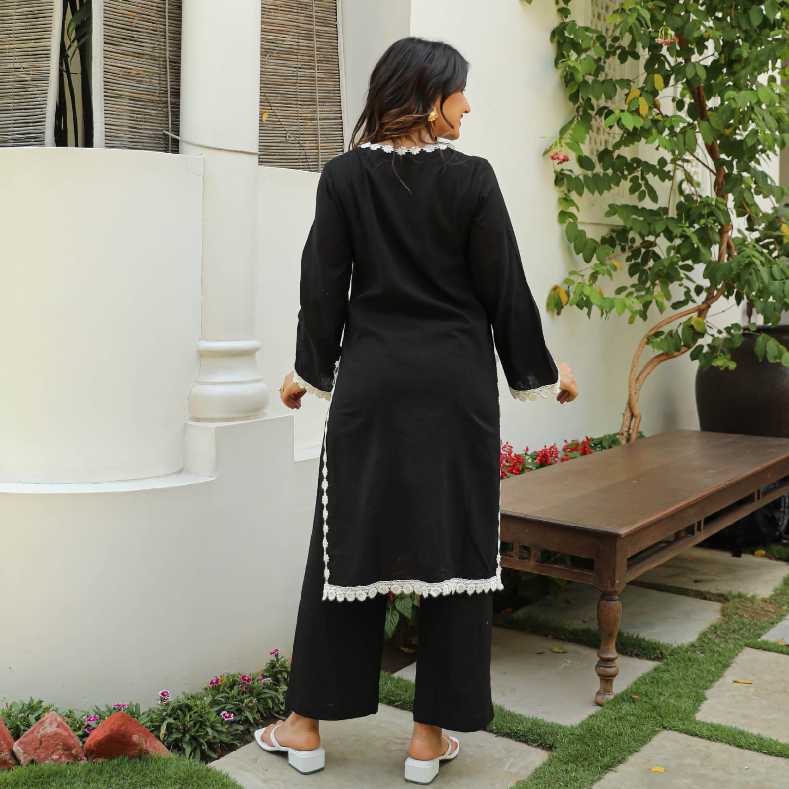 Black Lace Work Rayon Kurta and Pant Set
