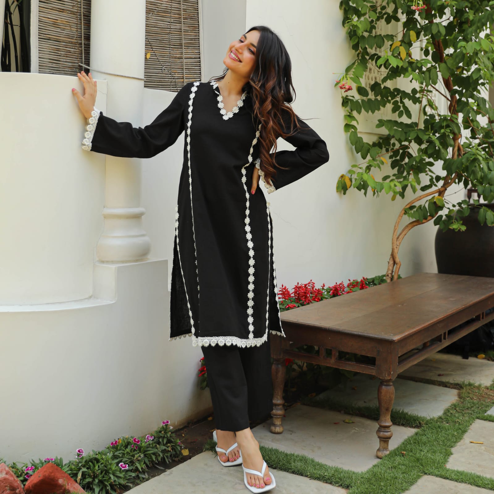 Black Lace Work Rayon Kurta and Pant Set