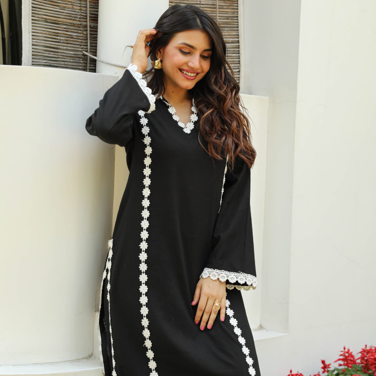 Black Lace Work Rayon Kurta and Pant Set
