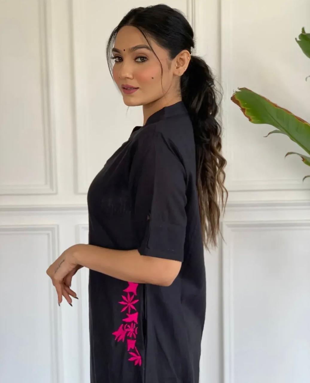 Black Embroidered Cotton Kurta and Palazzo Set