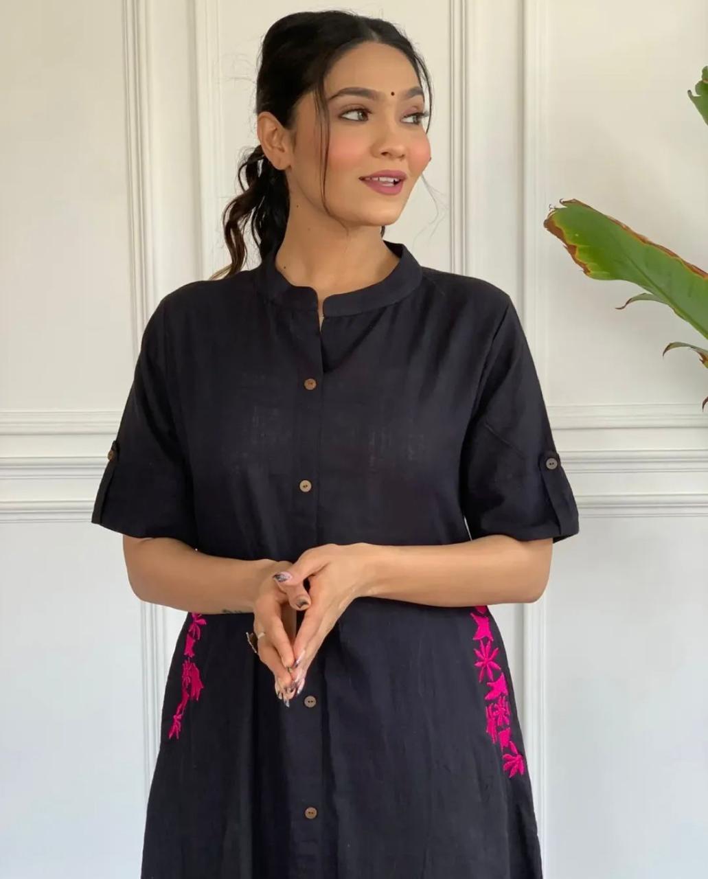 Black Embroidered Cotton Kurta and Palazzo Set