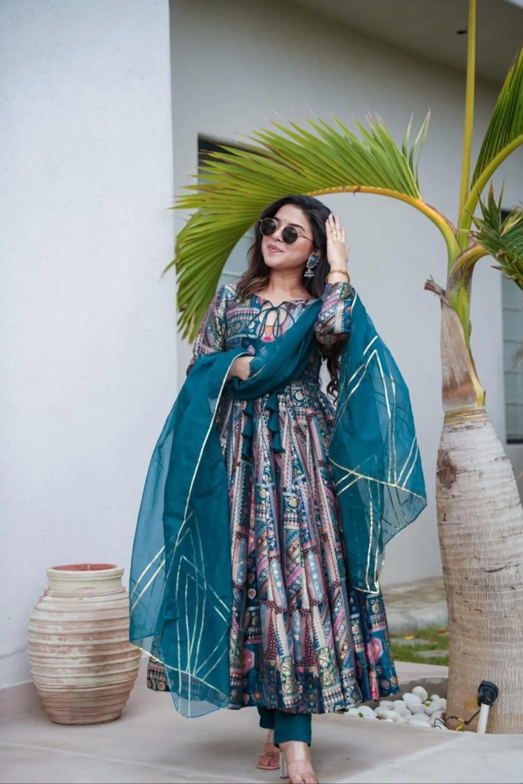 Digital Printed Chinon Silk Suit Set with Organza Dupatta
