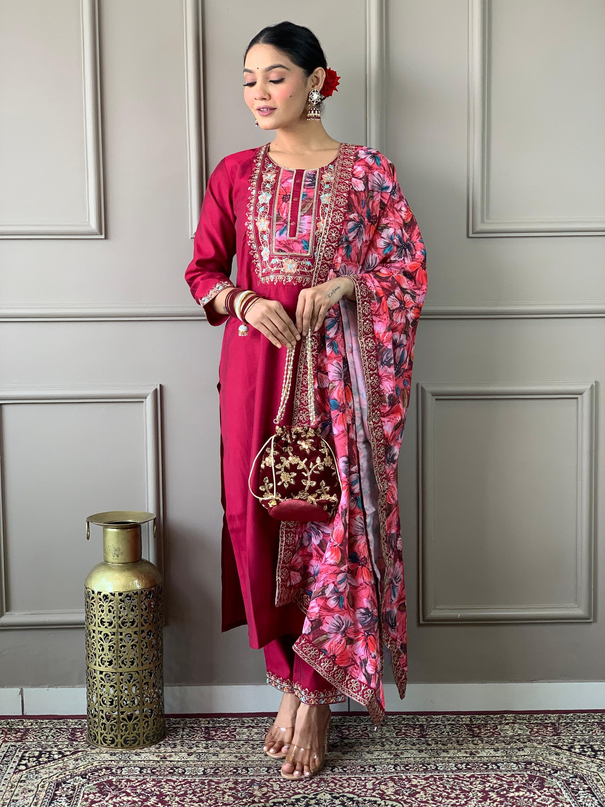 Bright Maroon Viscose Chanderi Suit Set with Natural Crepe Dupatta