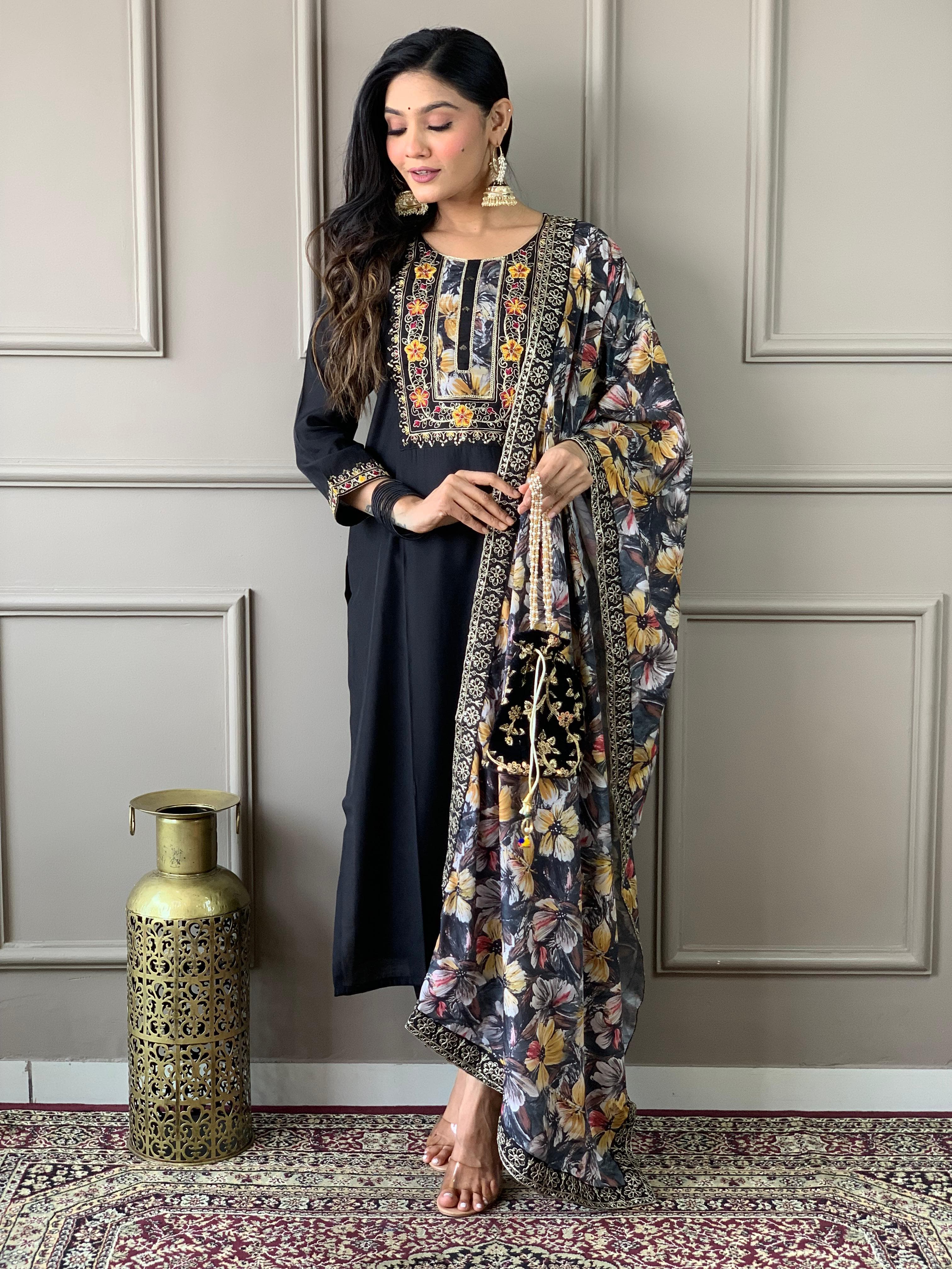 Black Viscose Chanderi Suit Set with Natural Crepe Dupatta