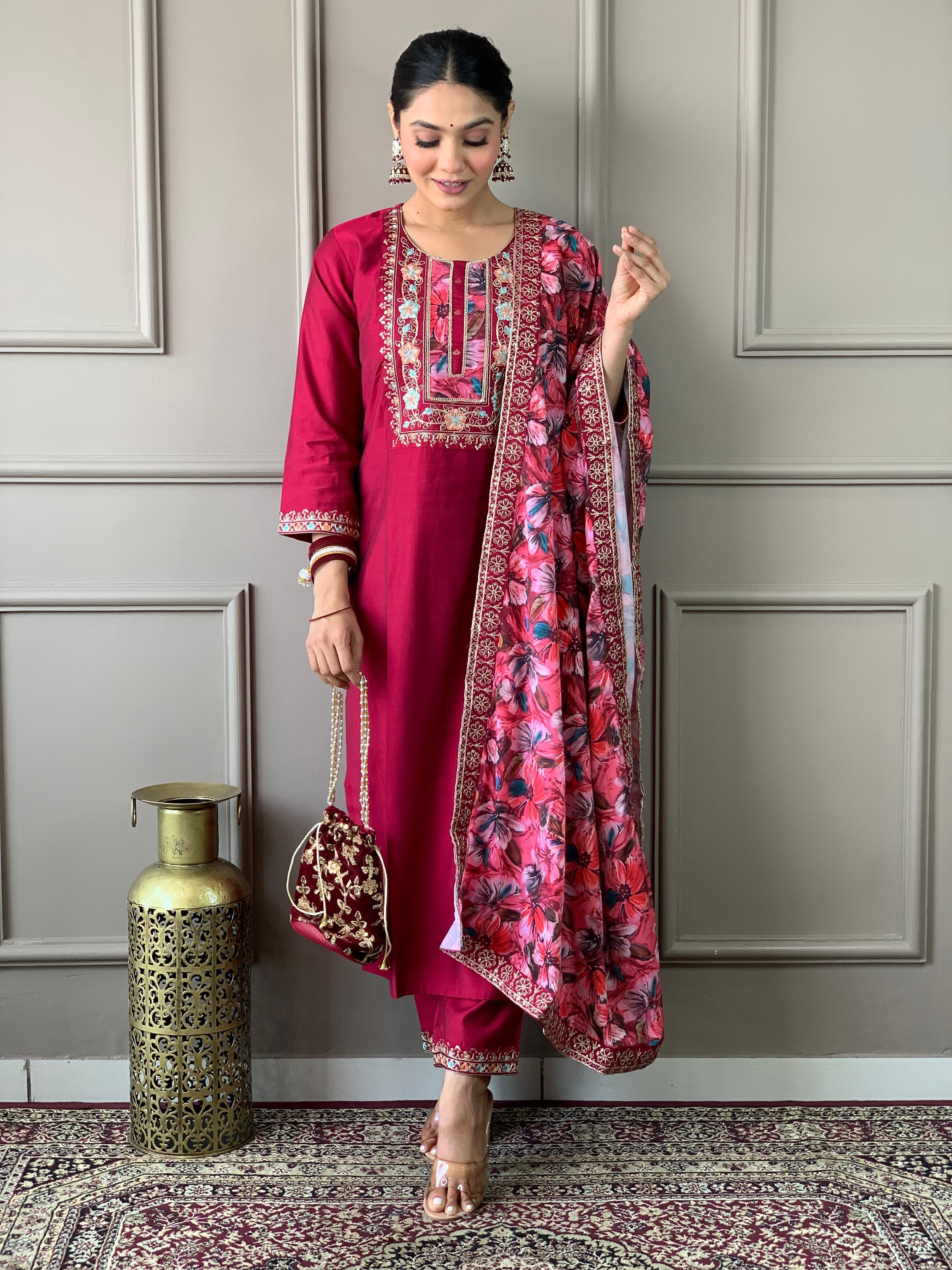 Bright Maroon Viscose Chanderi Suit Set with Natural Crepe Dupatta