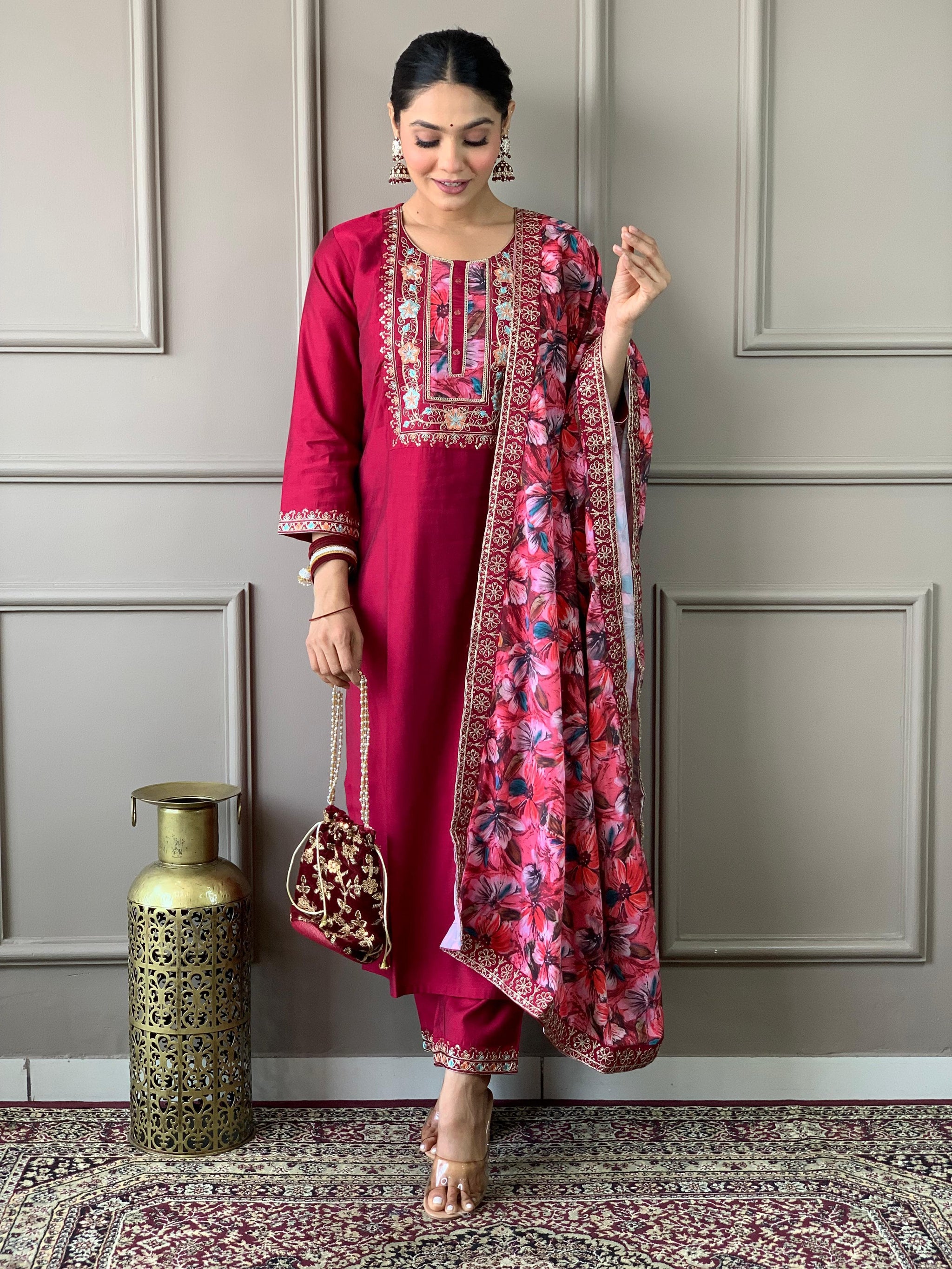 Bright Maroon Viscose Chanderi Suit Set with Natural Crepe Dupatta