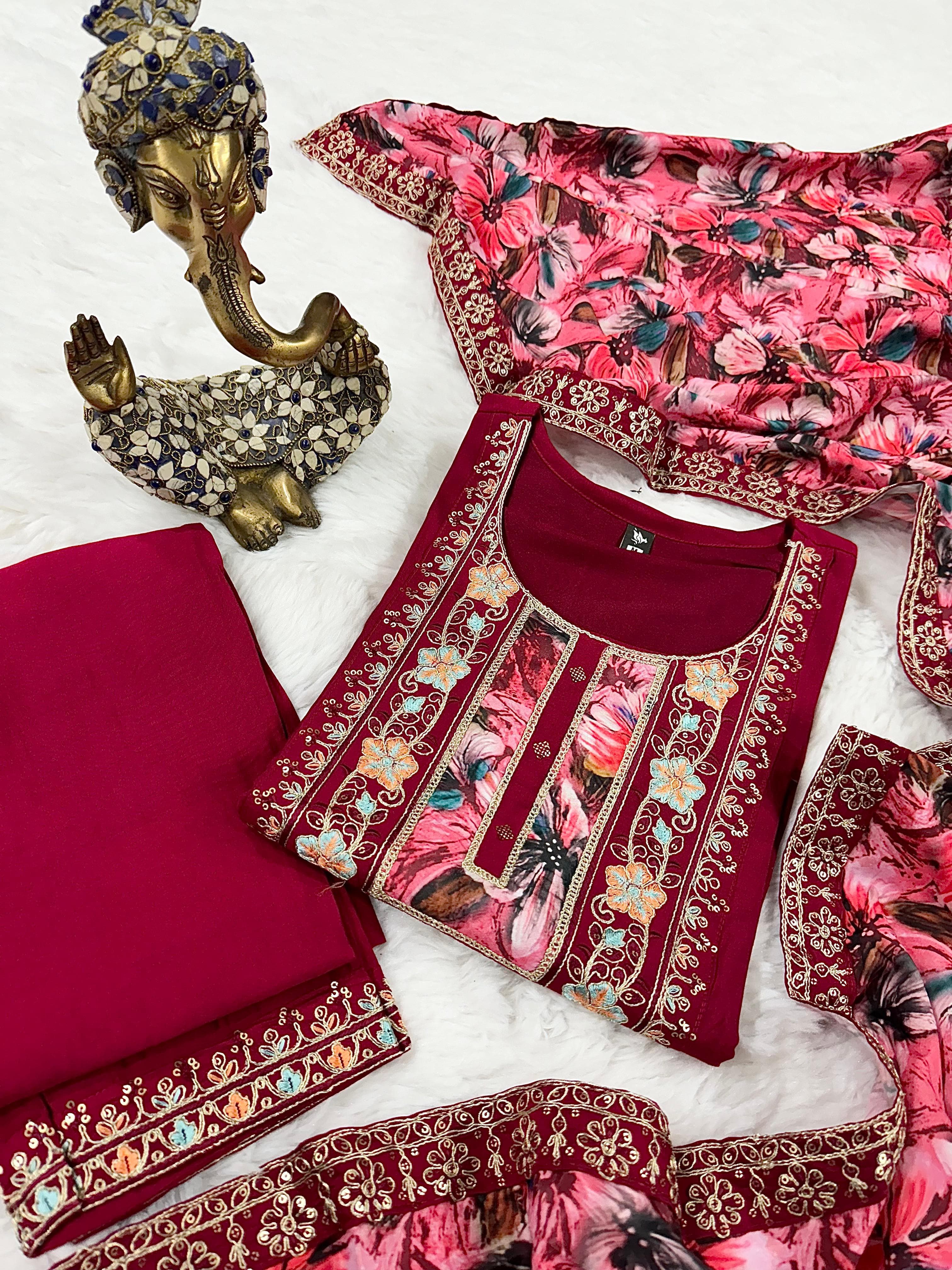 Bright Maroon Viscose Chanderi Suit Set with Natural Crepe Dupatta