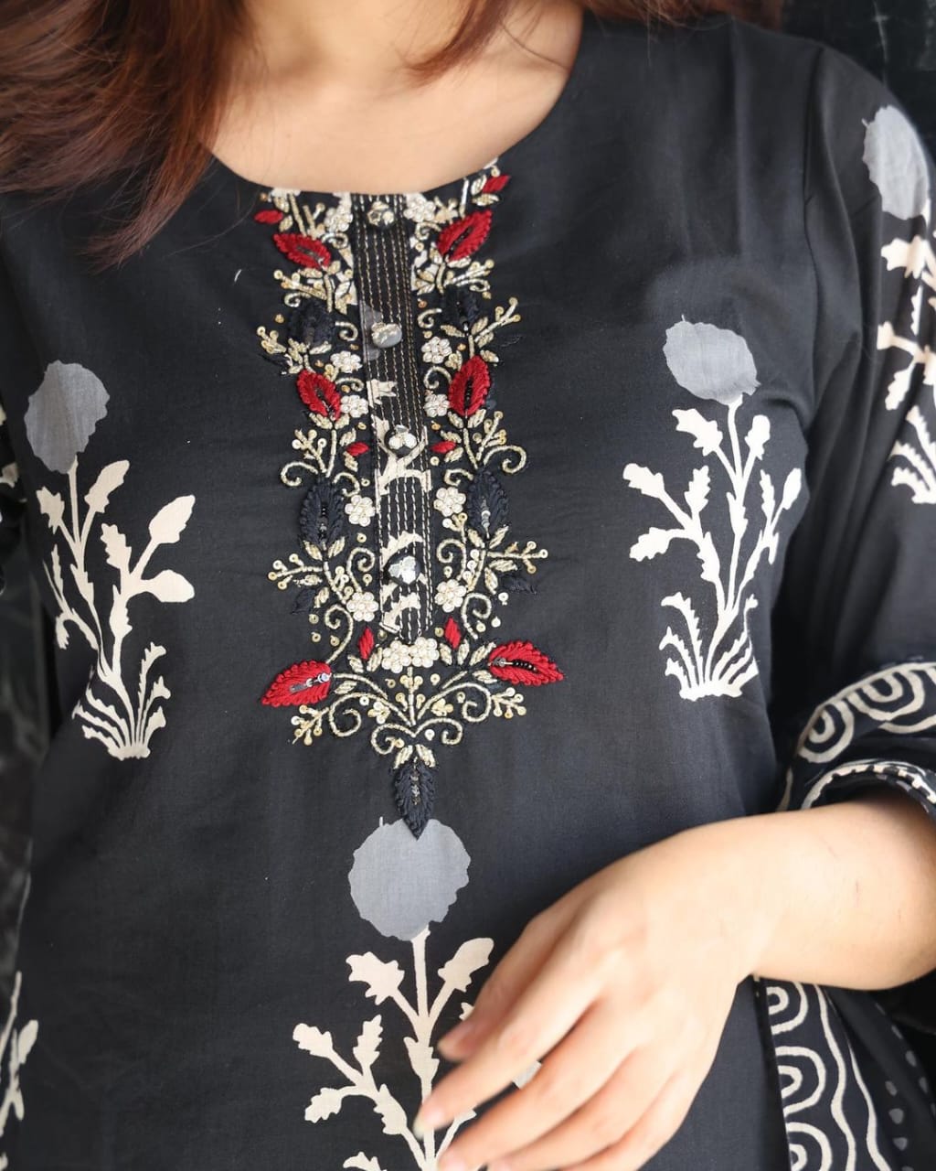 Black Embroidered Cotton Kurta and Pant Set with Dupatta