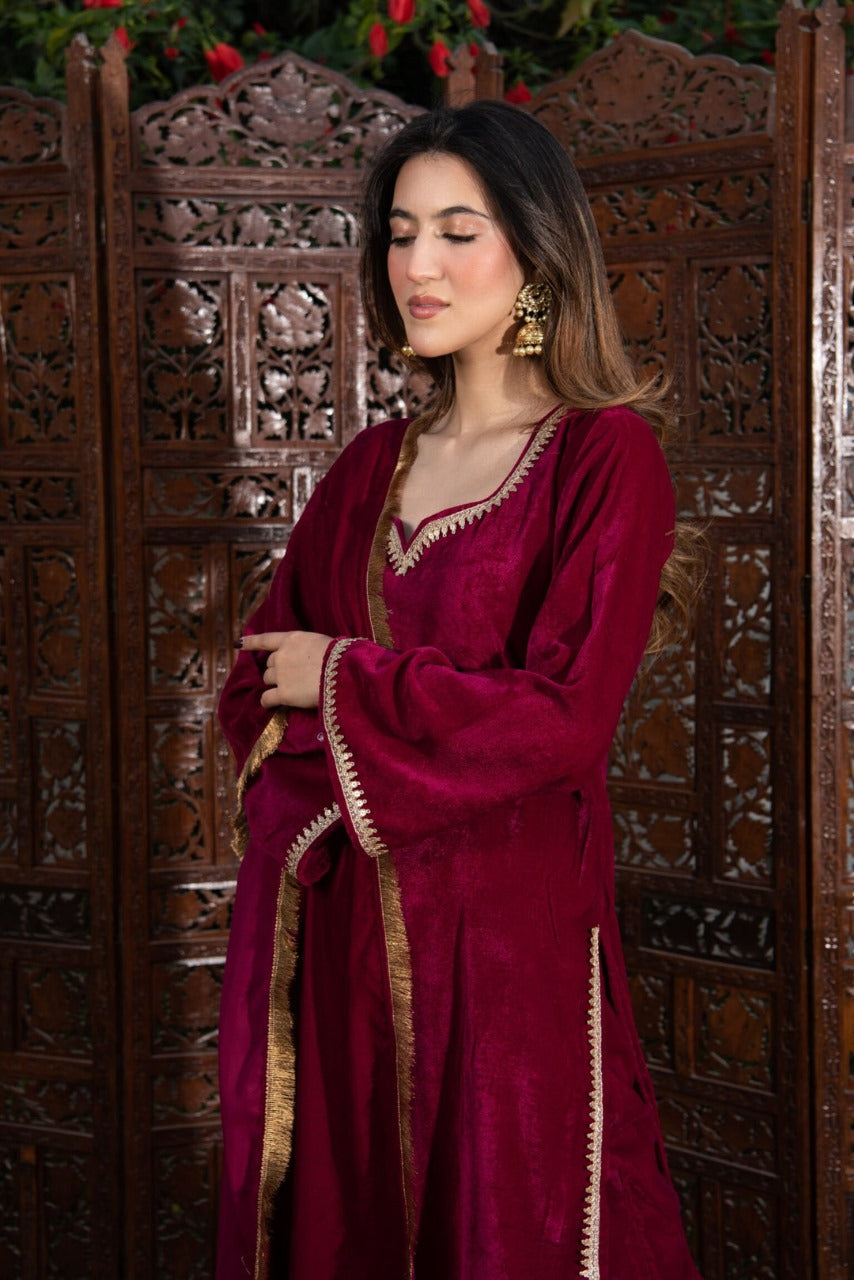 Maroon Embellished Velvet Suit Set with Dupatta