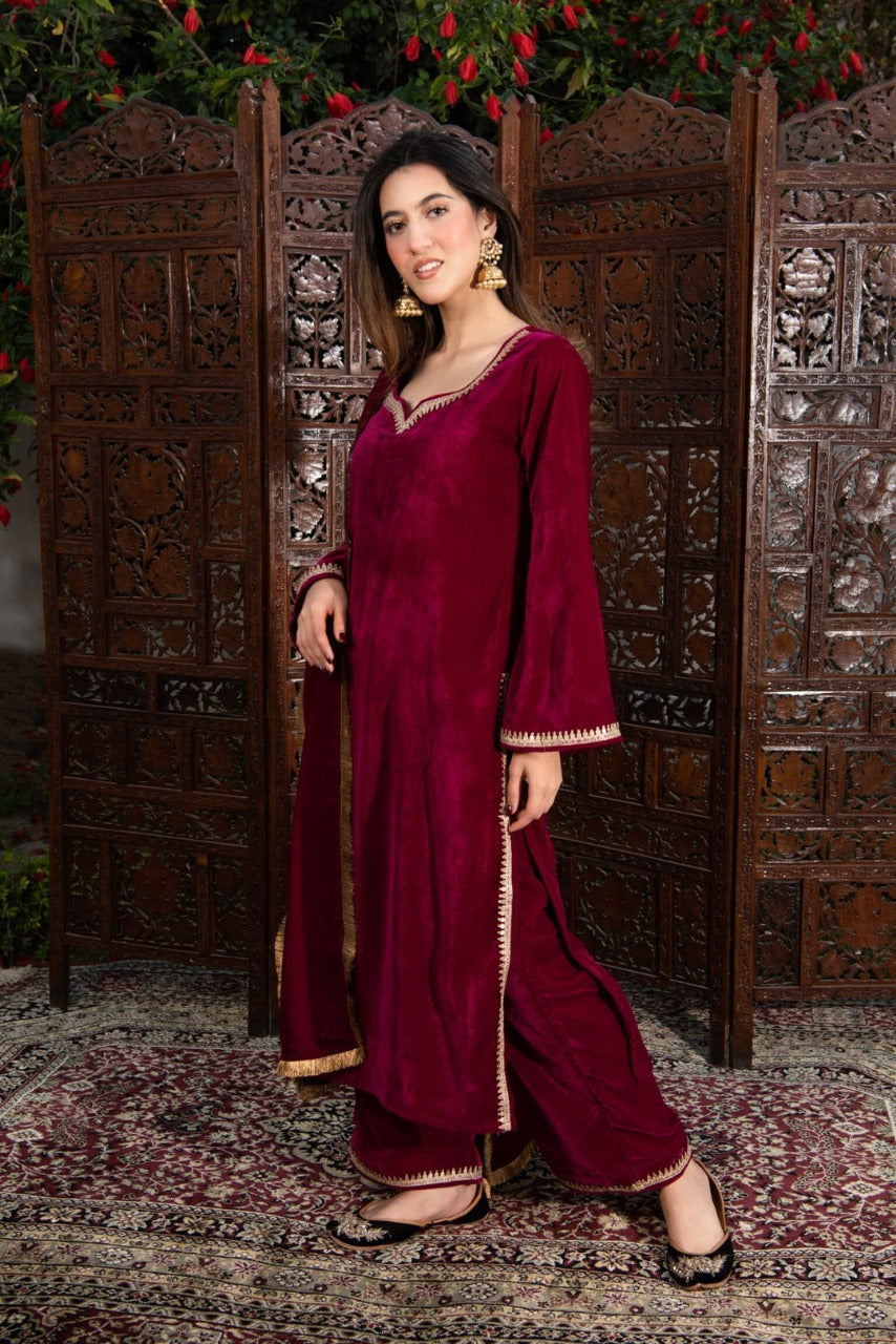 Maroon Embellished Velvet Suit Set with Dupatta