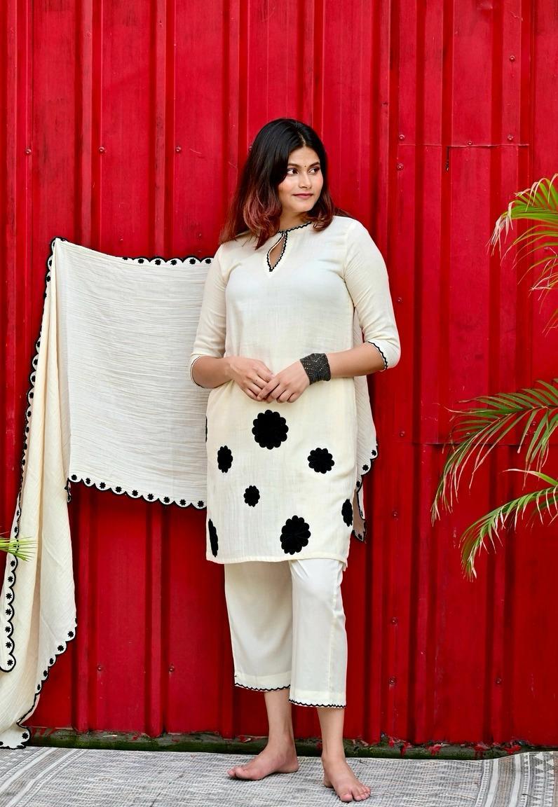 Off White Embroidered Cotton Kurta and Pant Set with Mulmul Dupatta