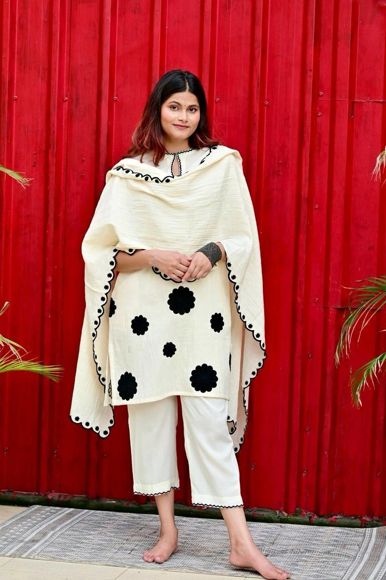 Off White Embroidered Cotton Kurta and Pant Set with Mulmul Dupatta
