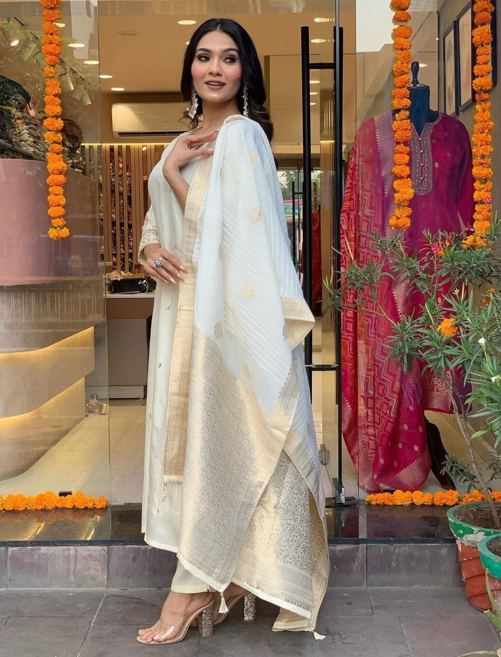 White Embroidered Silk Suit Set with Dupatta