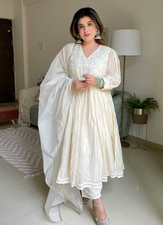 Off White Embroidered Chanderi Silk Anarkali Suit Set with Chanderi Dupatta