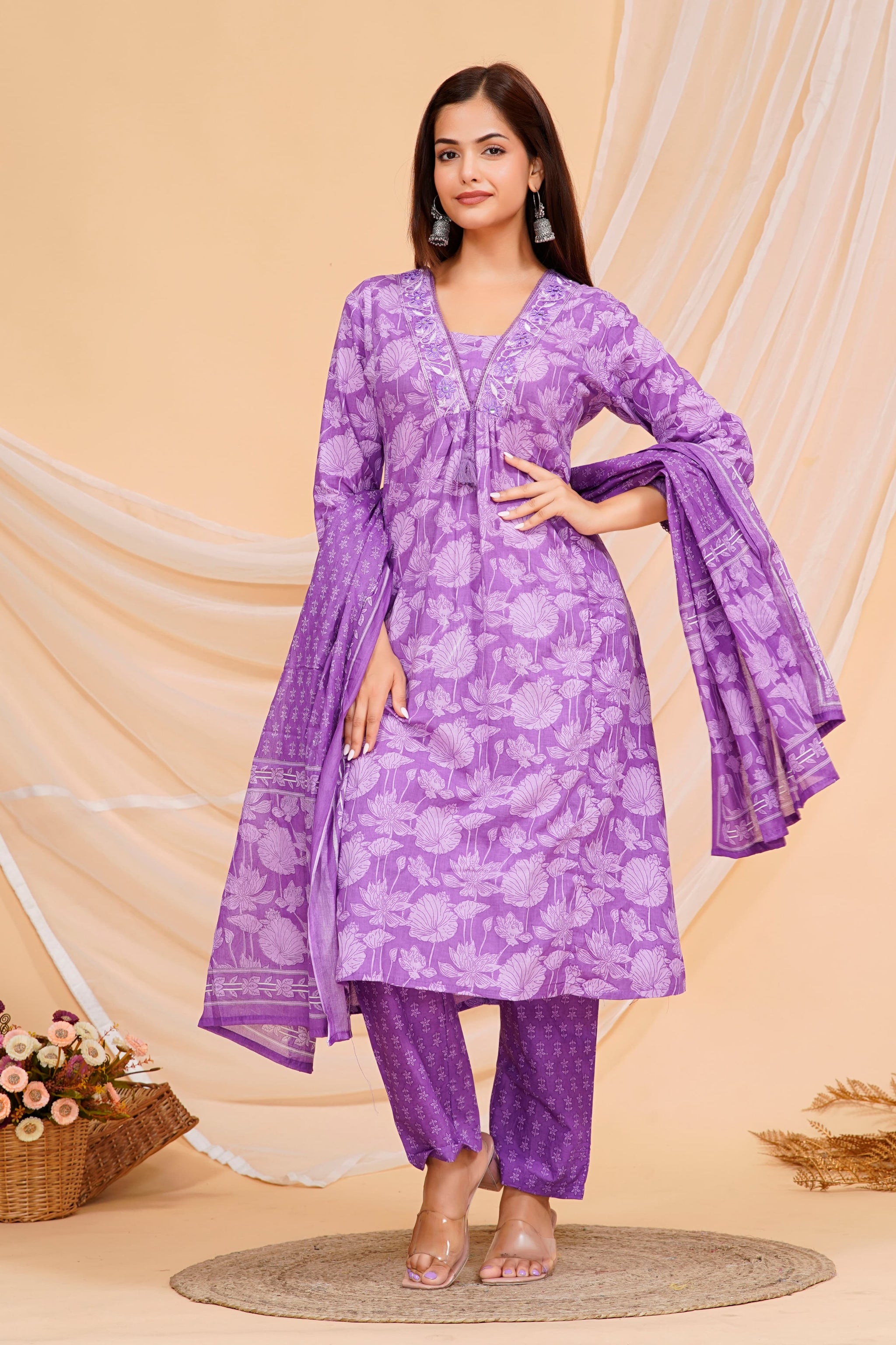 Deep Lilac Printed Cotton Kurta and Pant Set with Dupatta