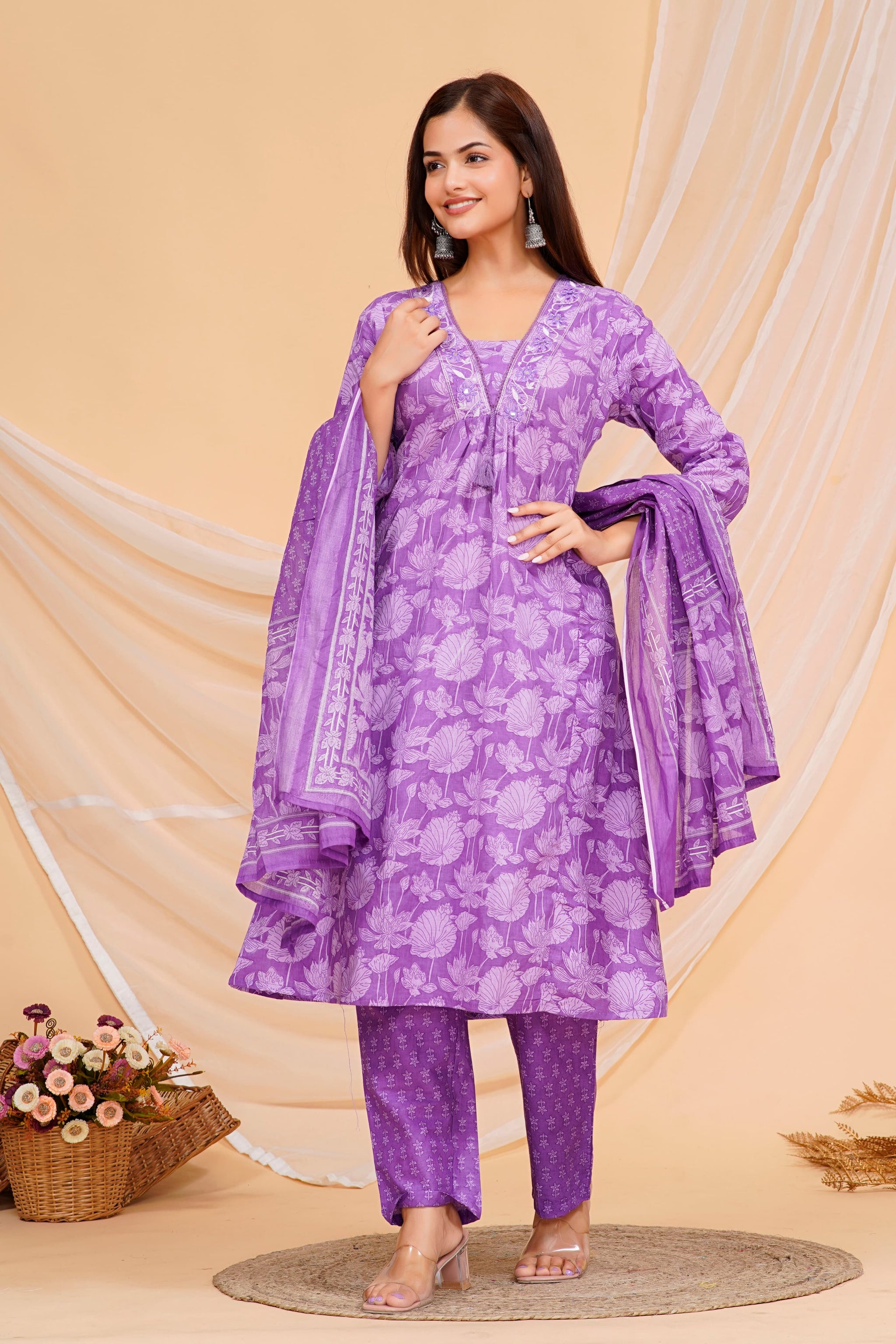 Deep Lilac Printed Cotton Kurta and Pant Set with Dupatta