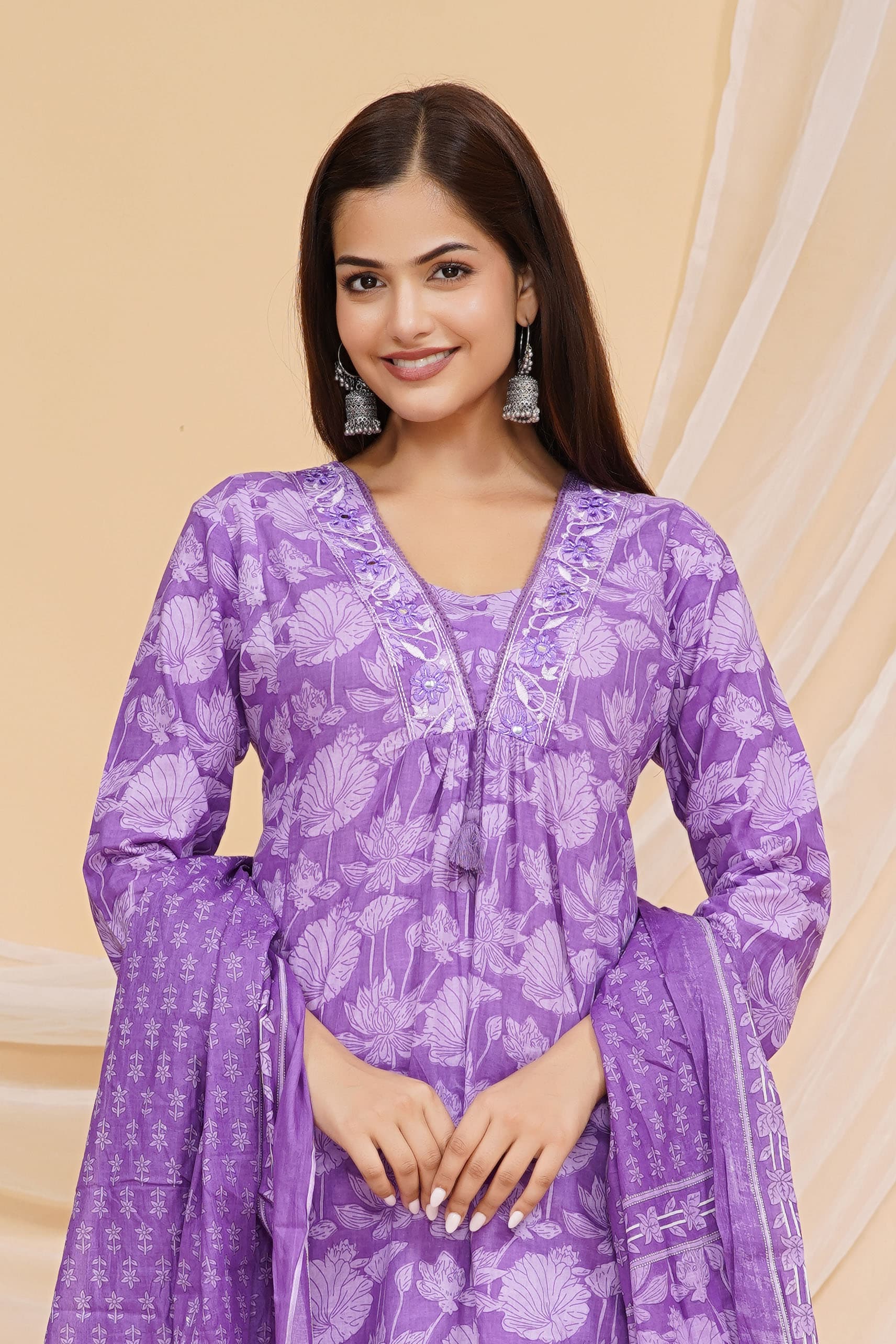 Deep Lilac Printed Cotton Kurta and Pant Set with Dupatta