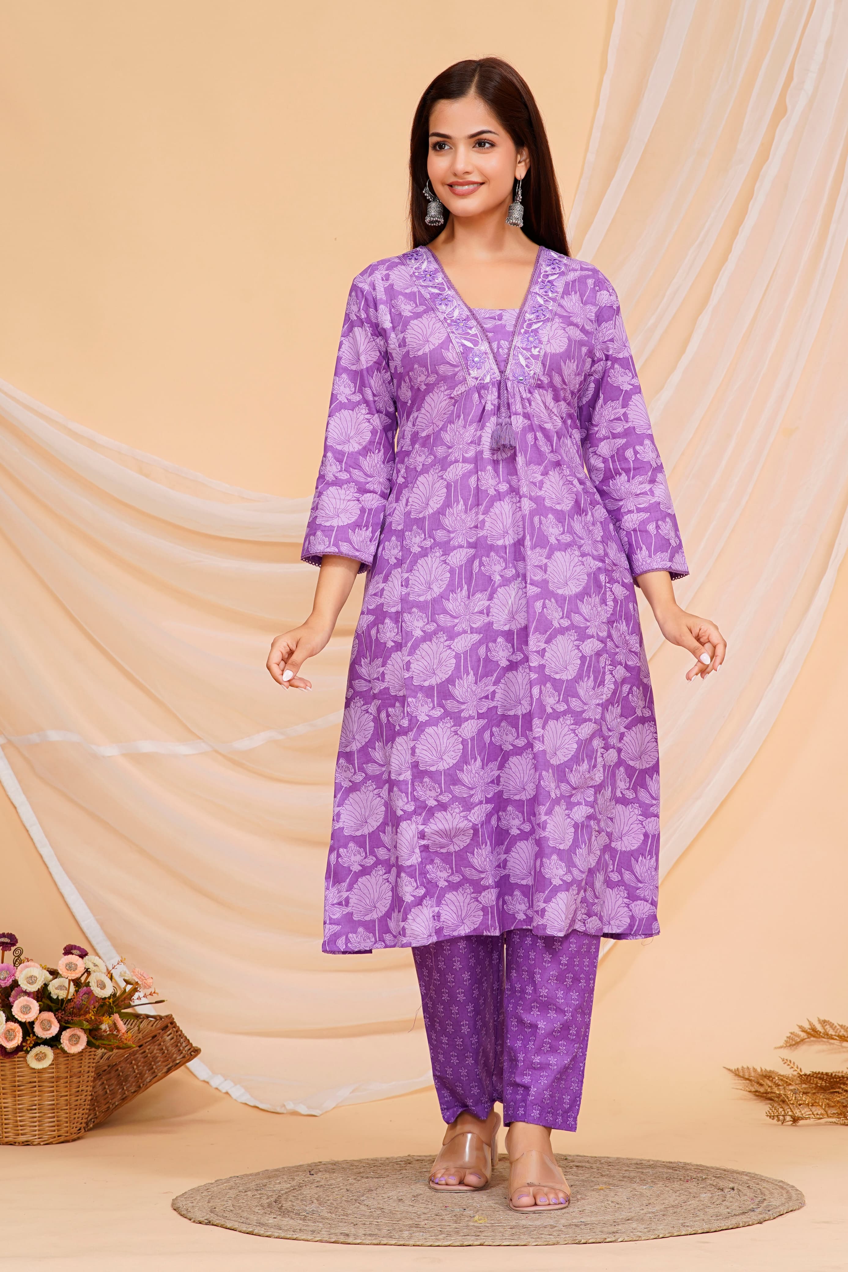 Deep Lilac Printed Cotton Kurta and Pant Set with Dupatta