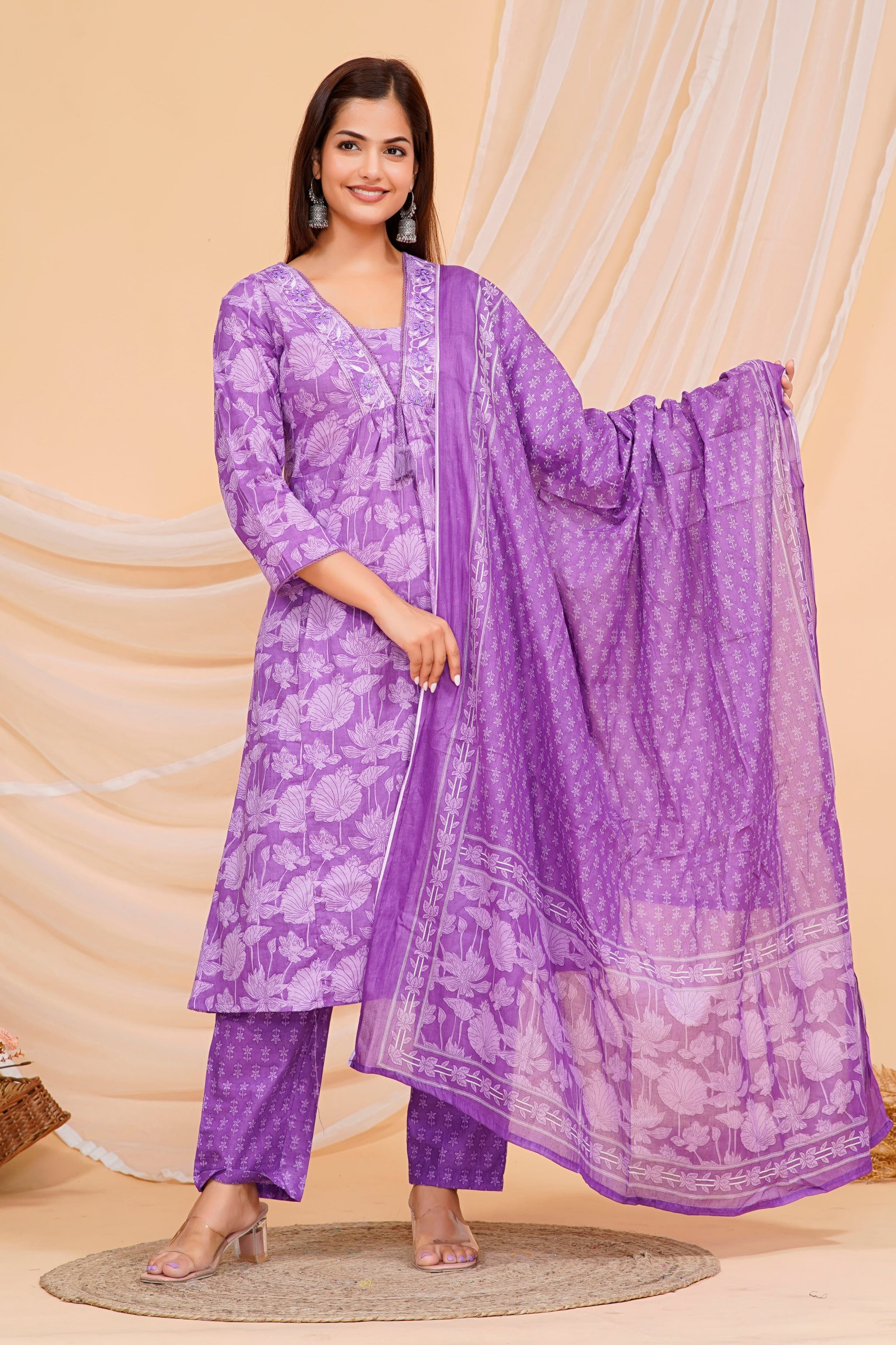 Deep Lilac Printed Cotton Kurta and Pant Set with Dupatta