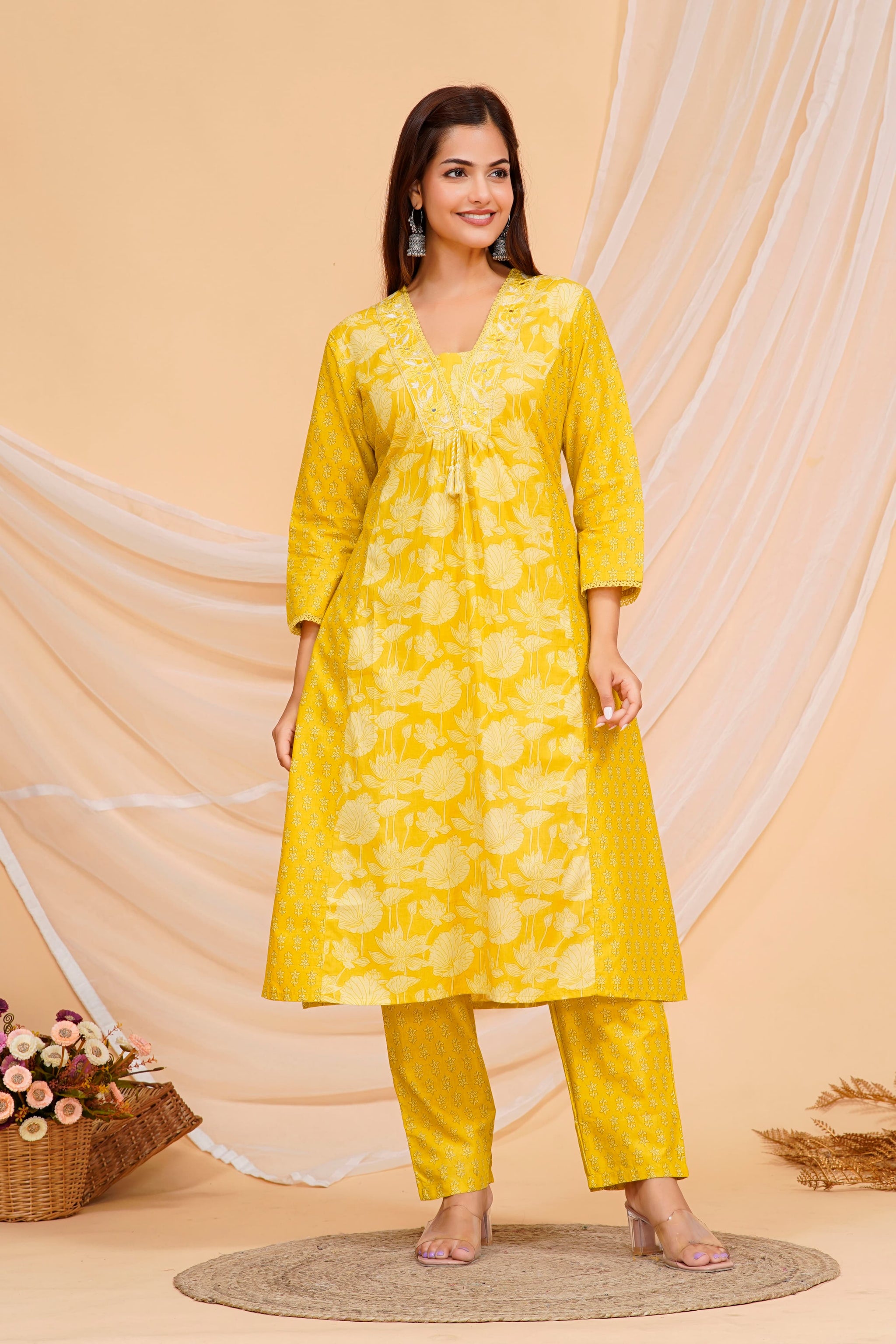 Yellow Printed Cotton Kurta and Pant Set with Dupatta