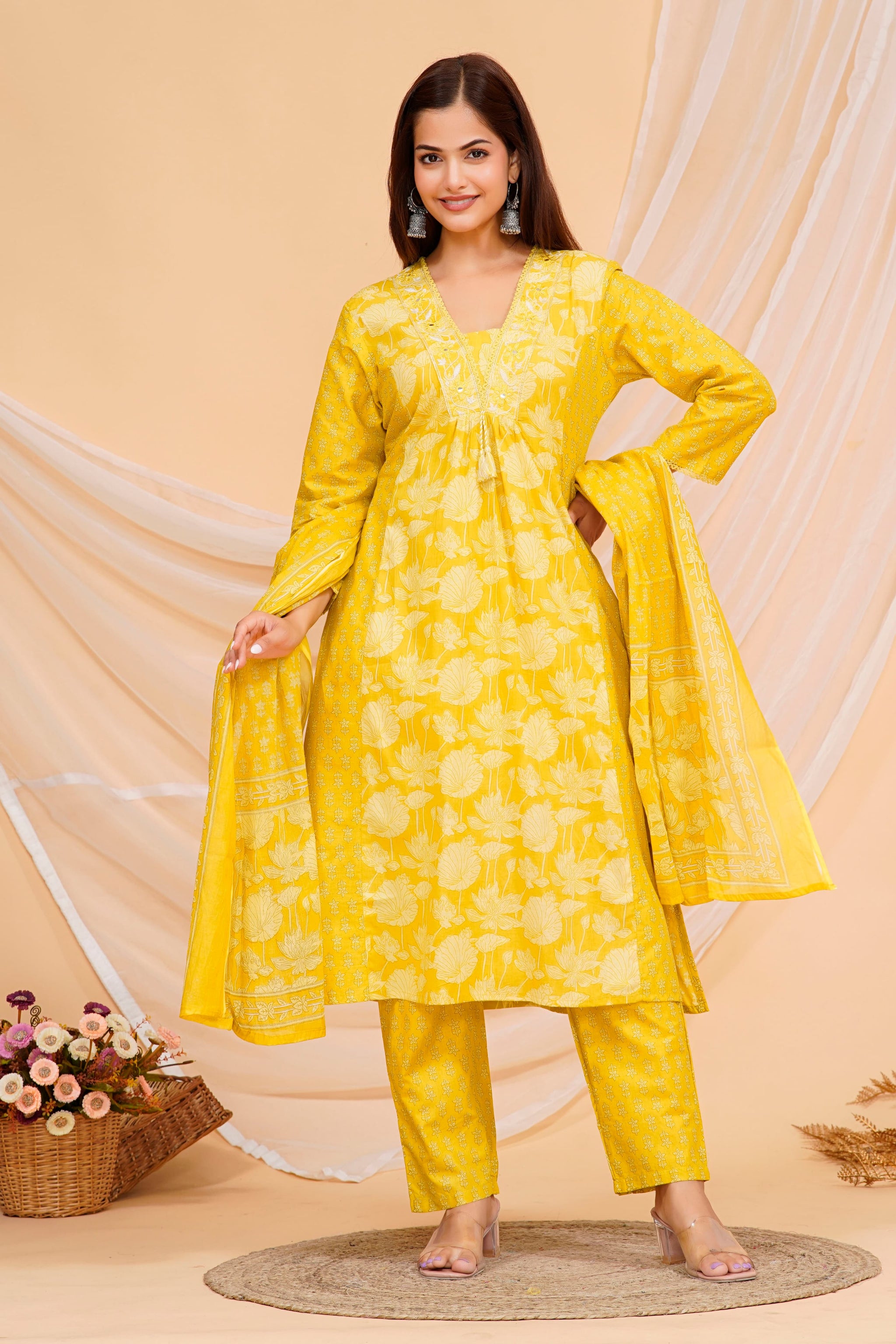 Yellow Printed Cotton Kurta and Pant Set with Dupatta