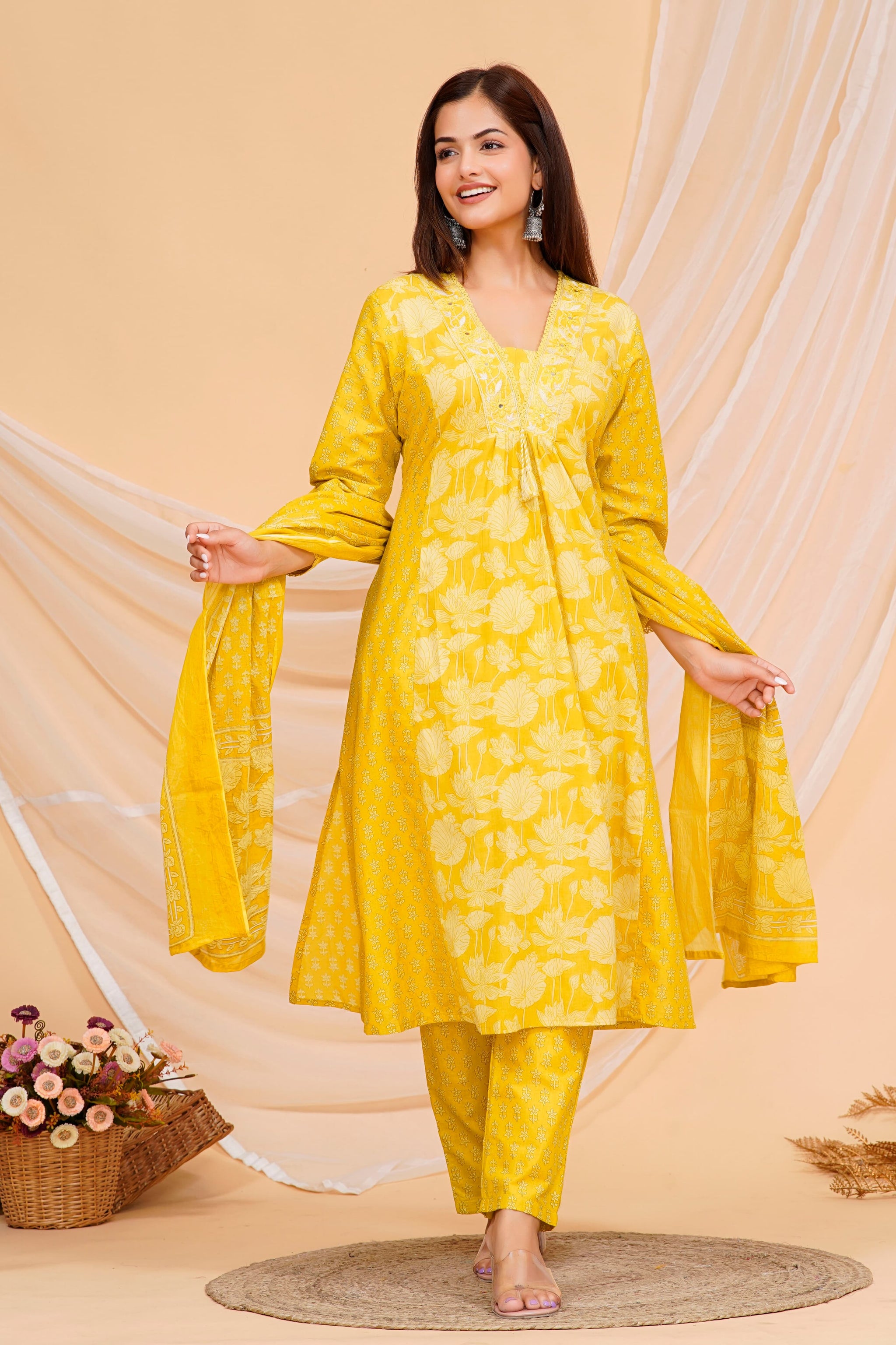 Yellow Printed Cotton Kurta and Pant Set with Dupatta