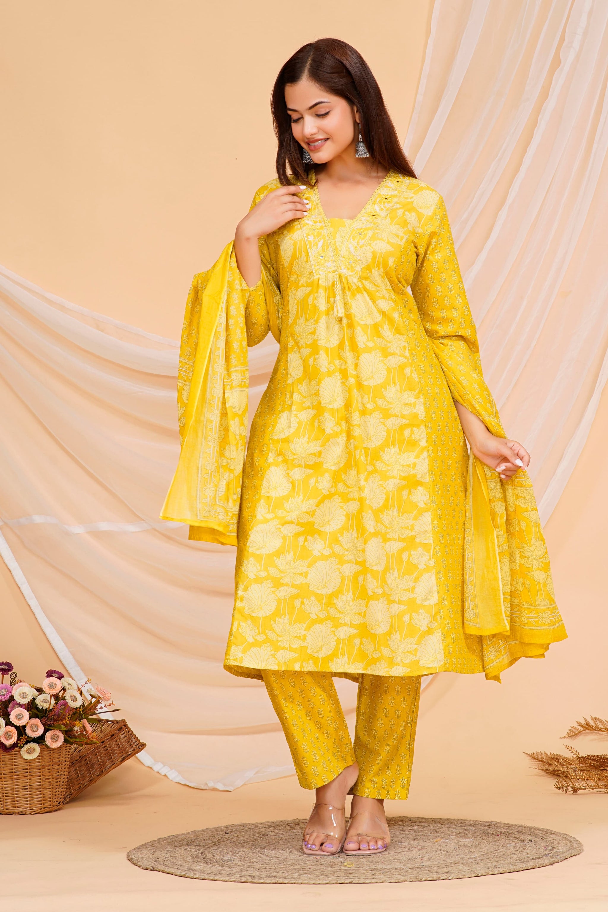 Yellow Printed Cotton Kurta and Pant Set with Dupatta