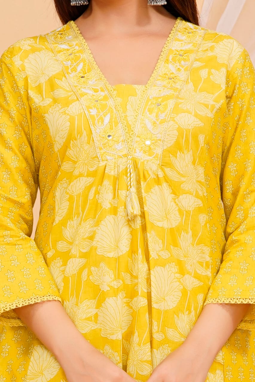 Yellow Printed Cotton Kurta and Pant Set with Dupatta