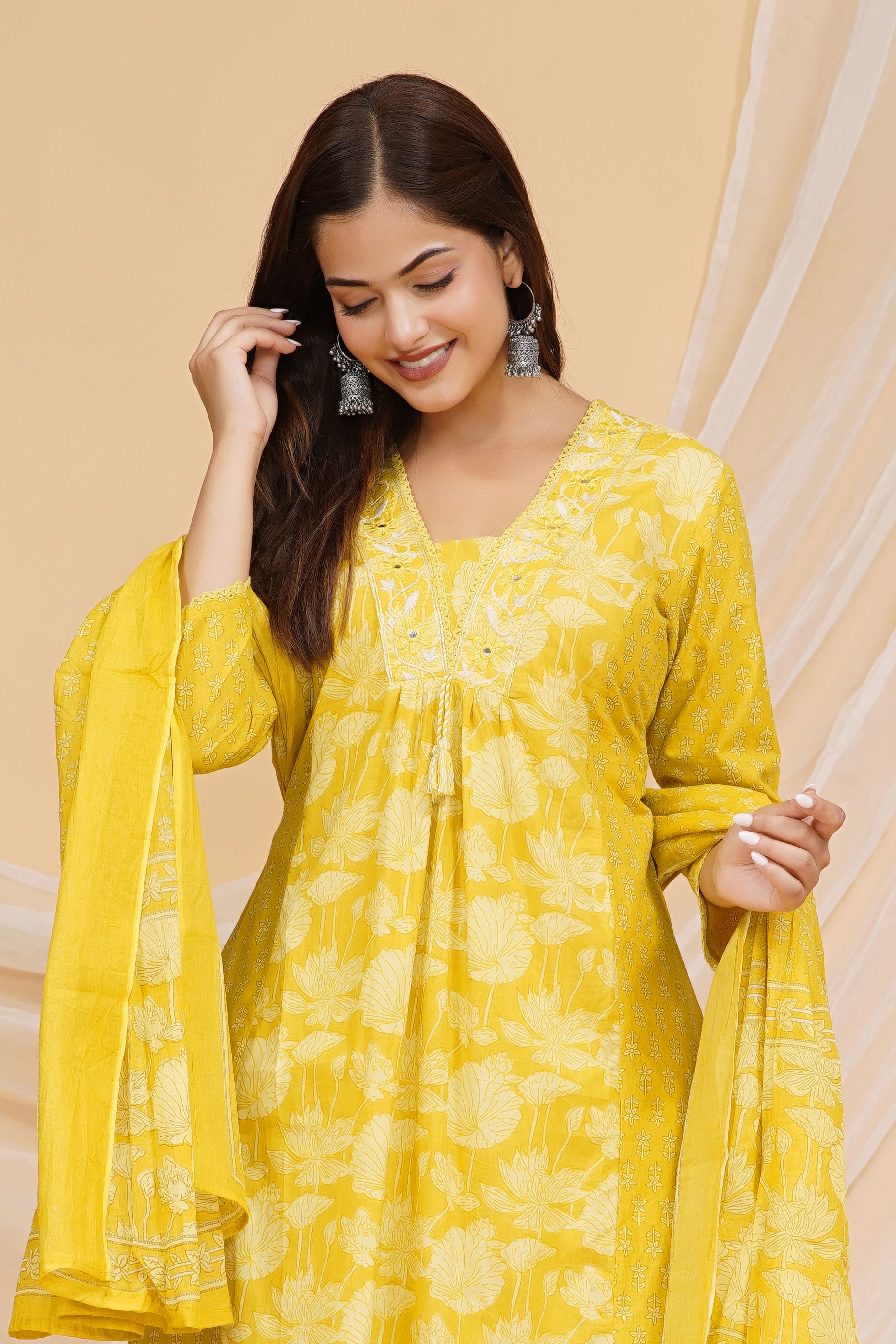 Yellow Printed Cotton Kurta and Pant Set with Dupatta