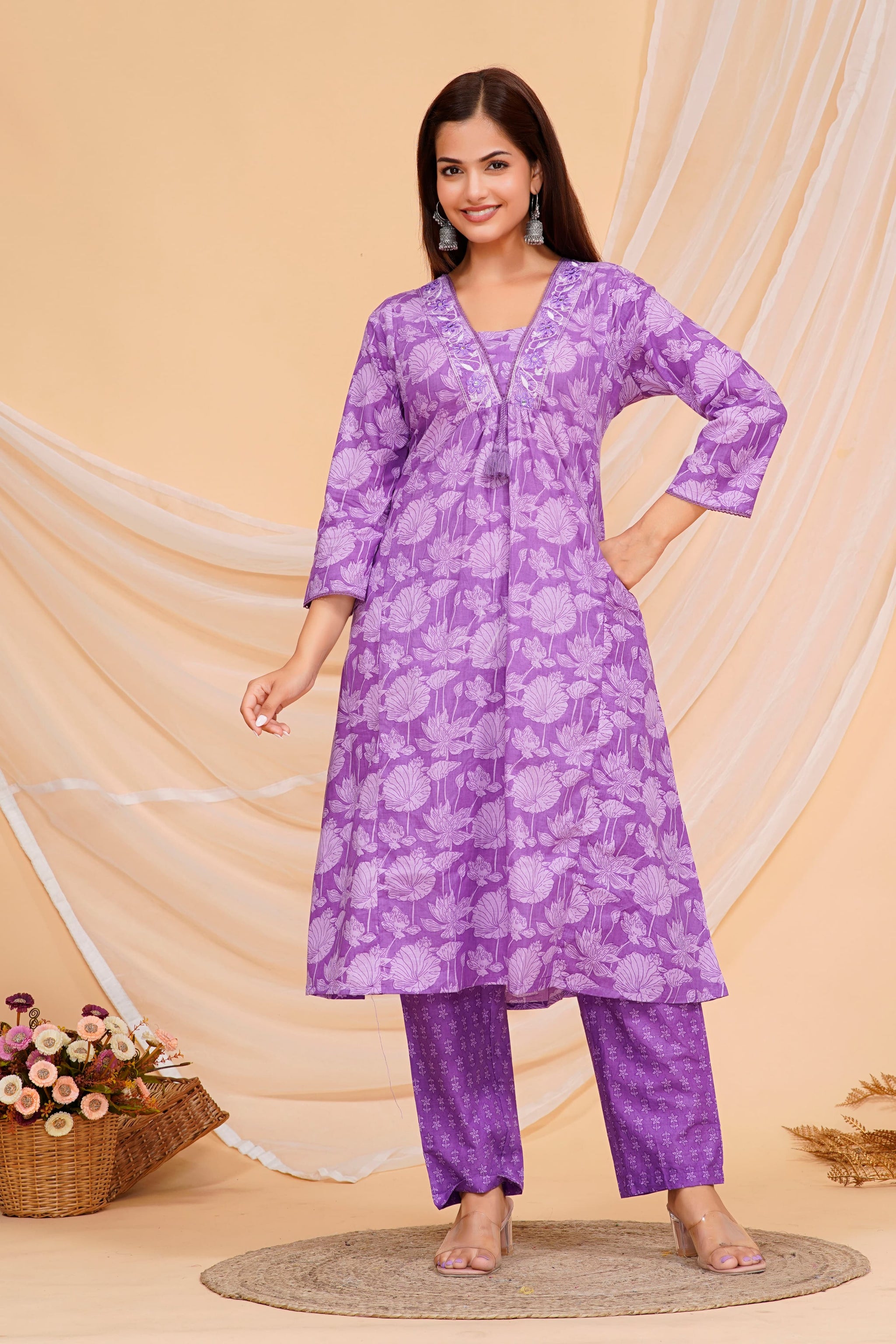Deep Lilac Printed Cotton Kurta and Pant Set with Dupatta