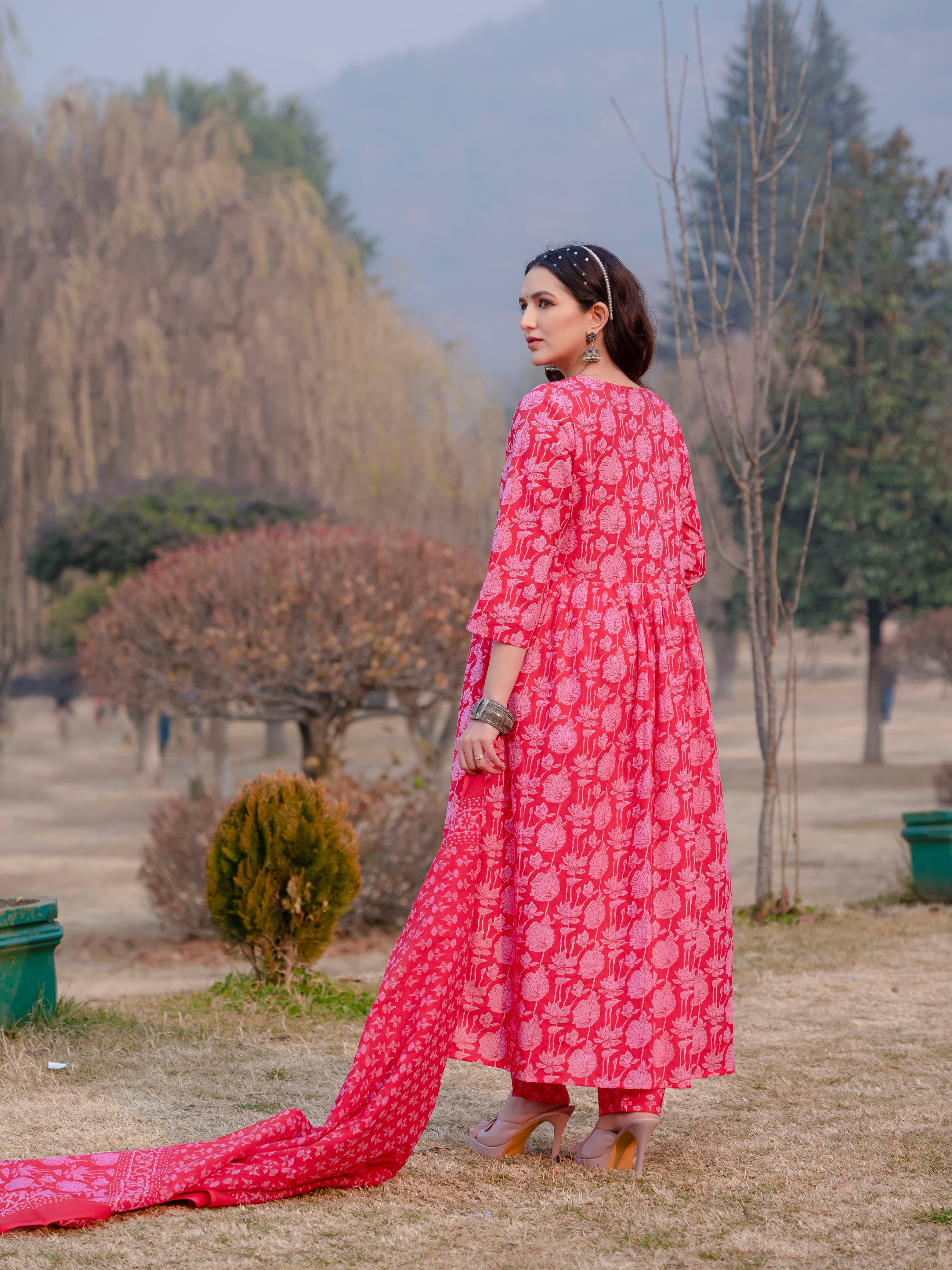 Light Red Printed Cotton Anarkali Suit Set with Dupatta
