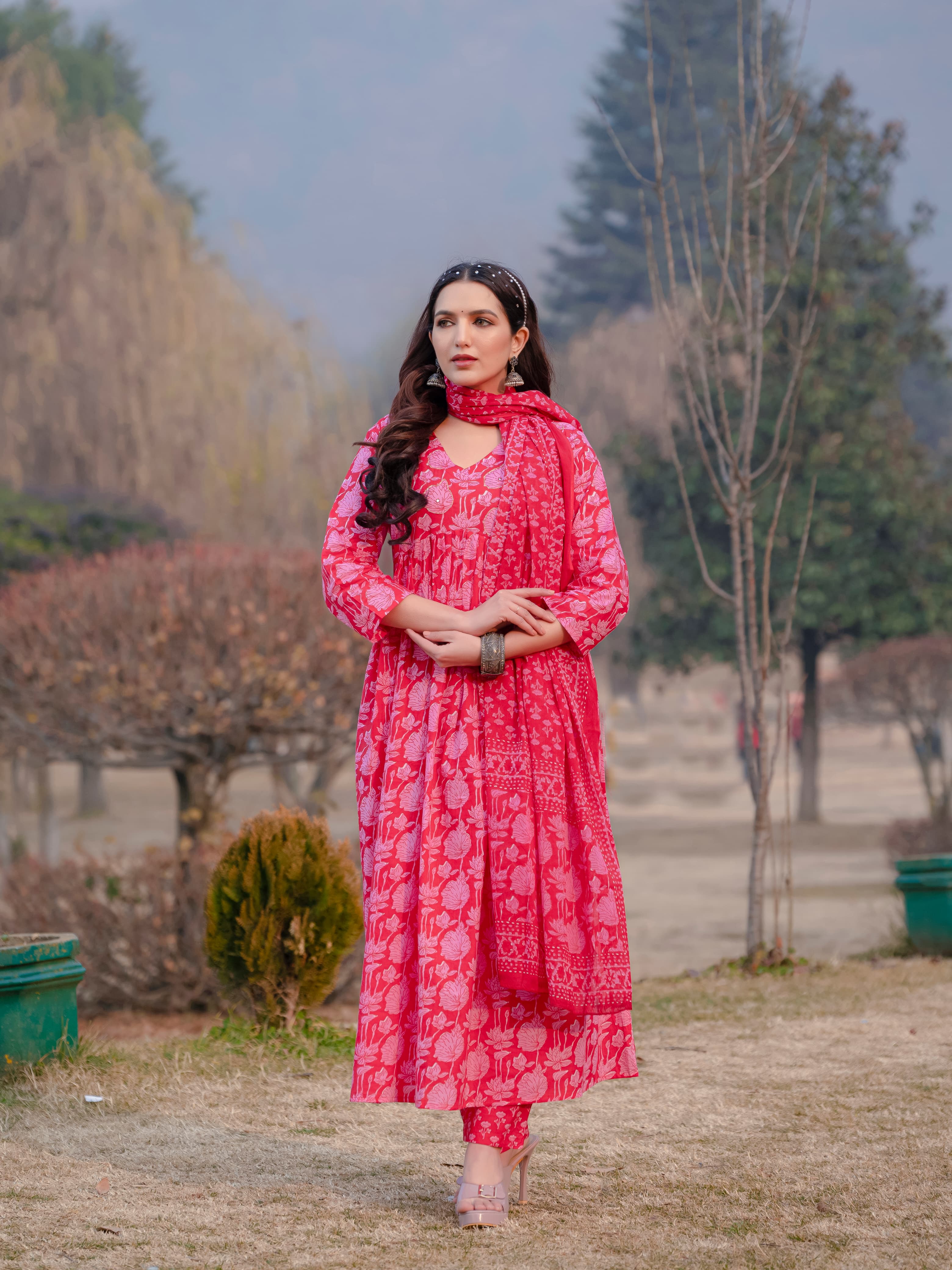 Light Red Printed Cotton Anarkali Suit Set with Dupatta