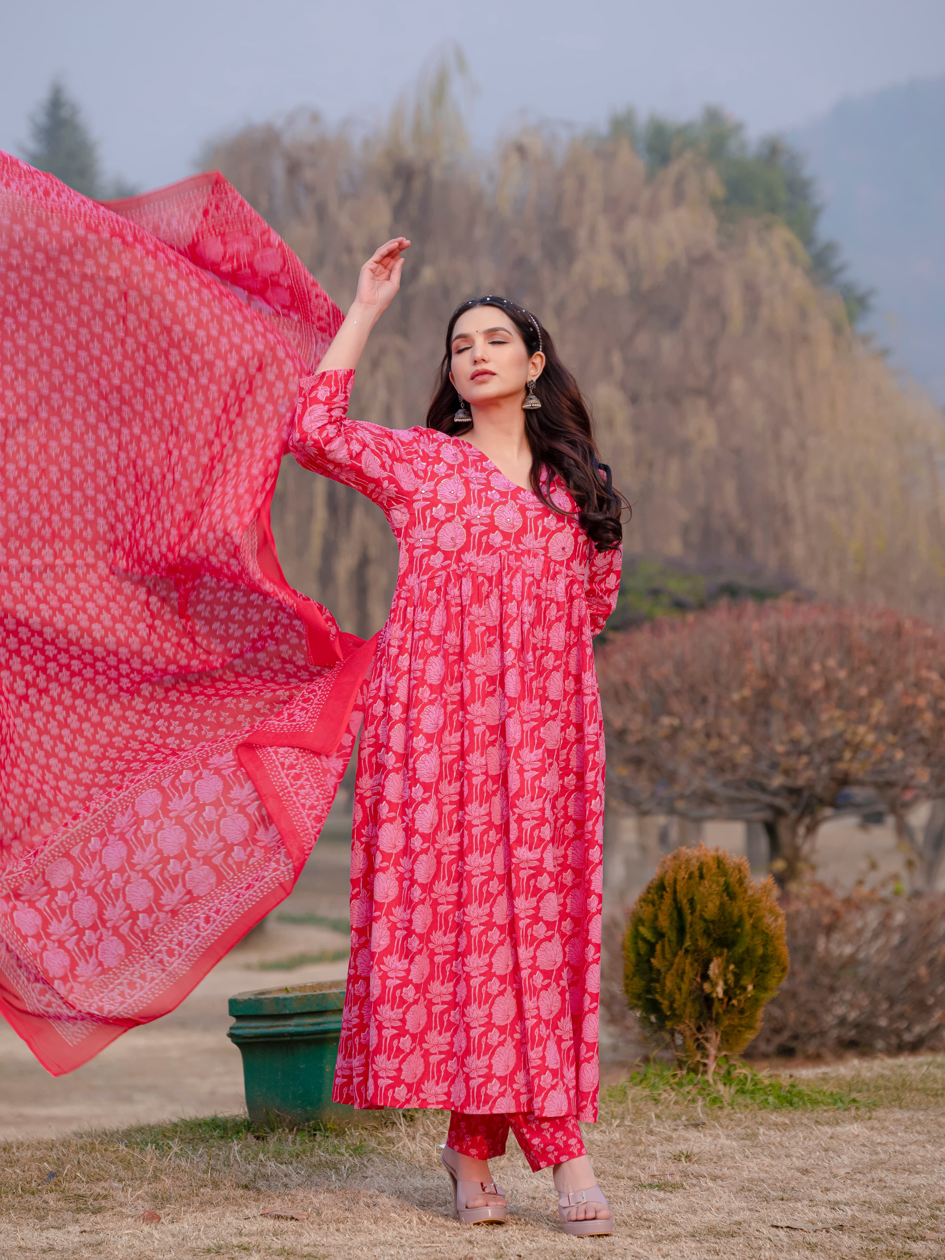 Light Red Printed Cotton Anarkali Suit Set with Dupatta