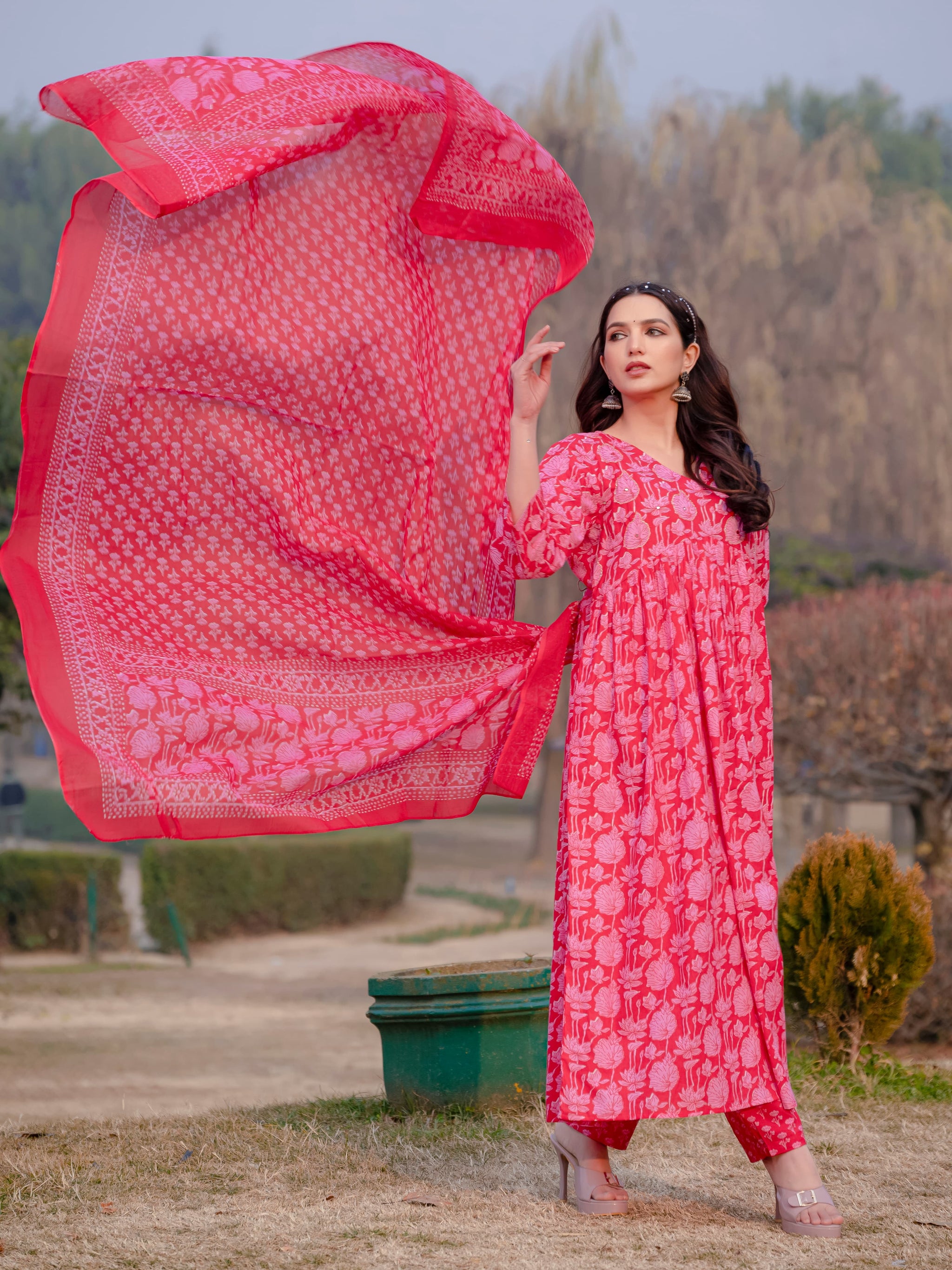 Light Red Printed Cotton Anarkali Suit Set with Dupatta